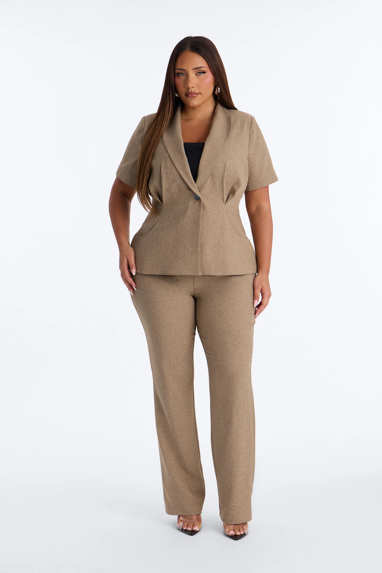 Panthere Short Sleeve Rounded Stand Collar Blazer - Caffe - Image 5