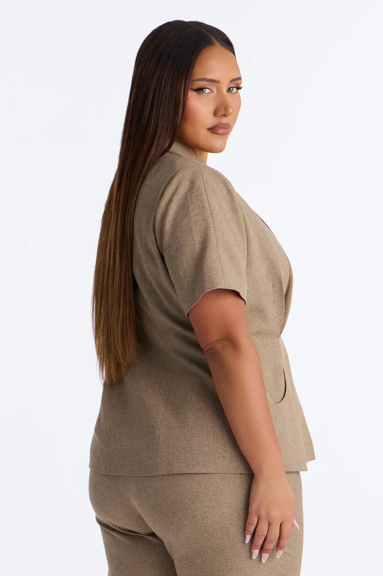 Panthere Short Sleeve Rounded Stand Collar Blazer - Caffe - Image 6