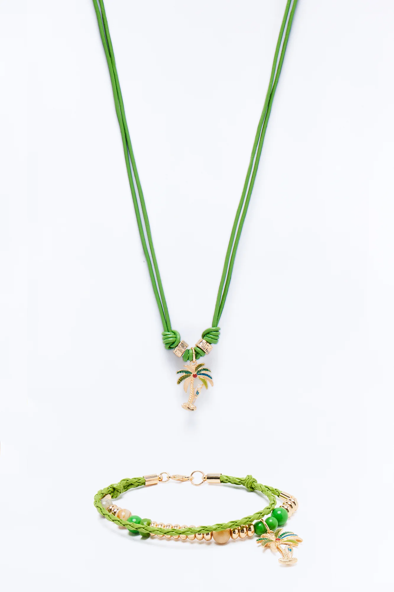 Paradise Faux Leather Cording Necklace And Bracelet Set - Gold/Green