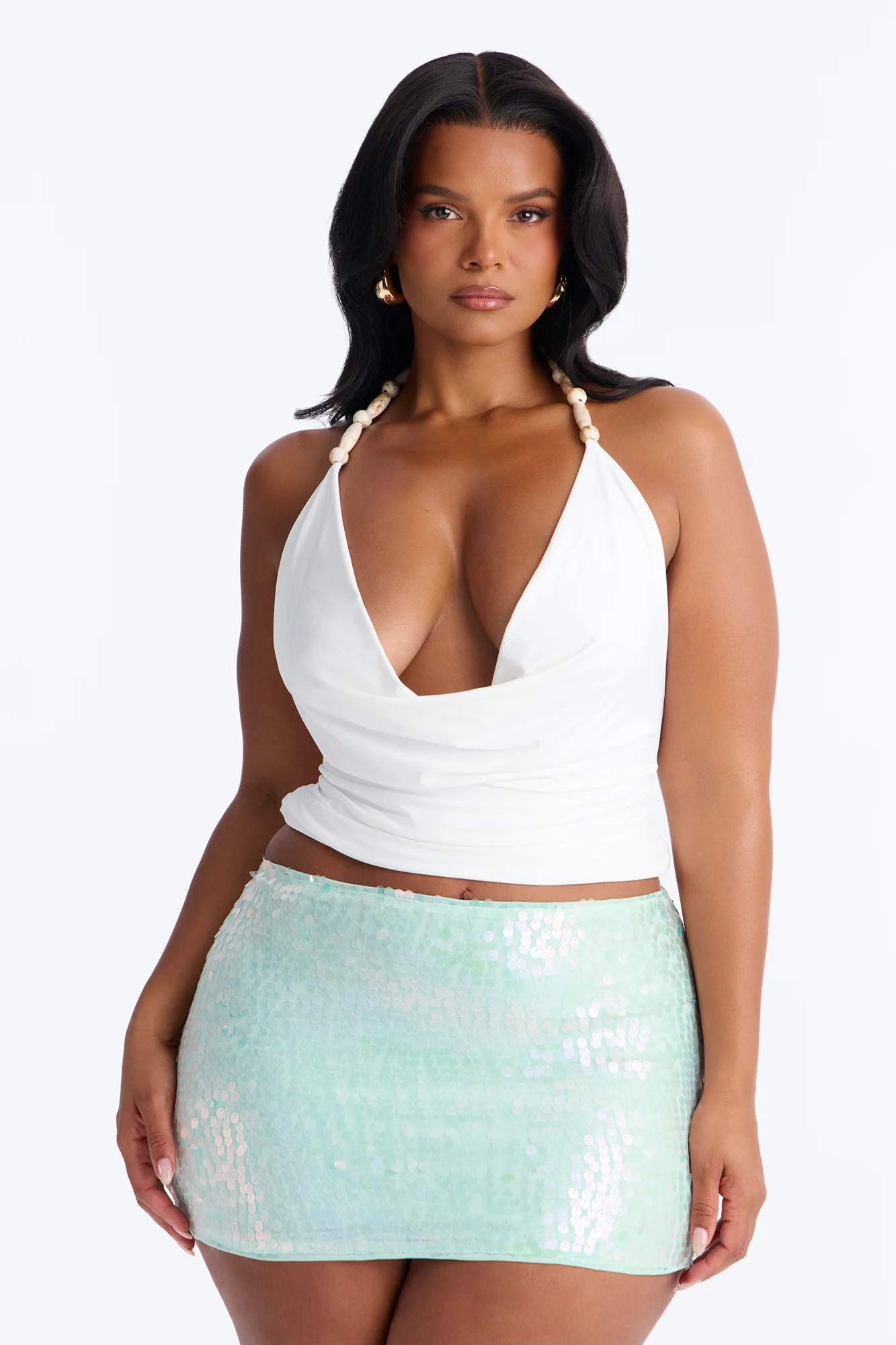 Paradise Nights Beaded Cowl Neck Halter Top - White - Image 4