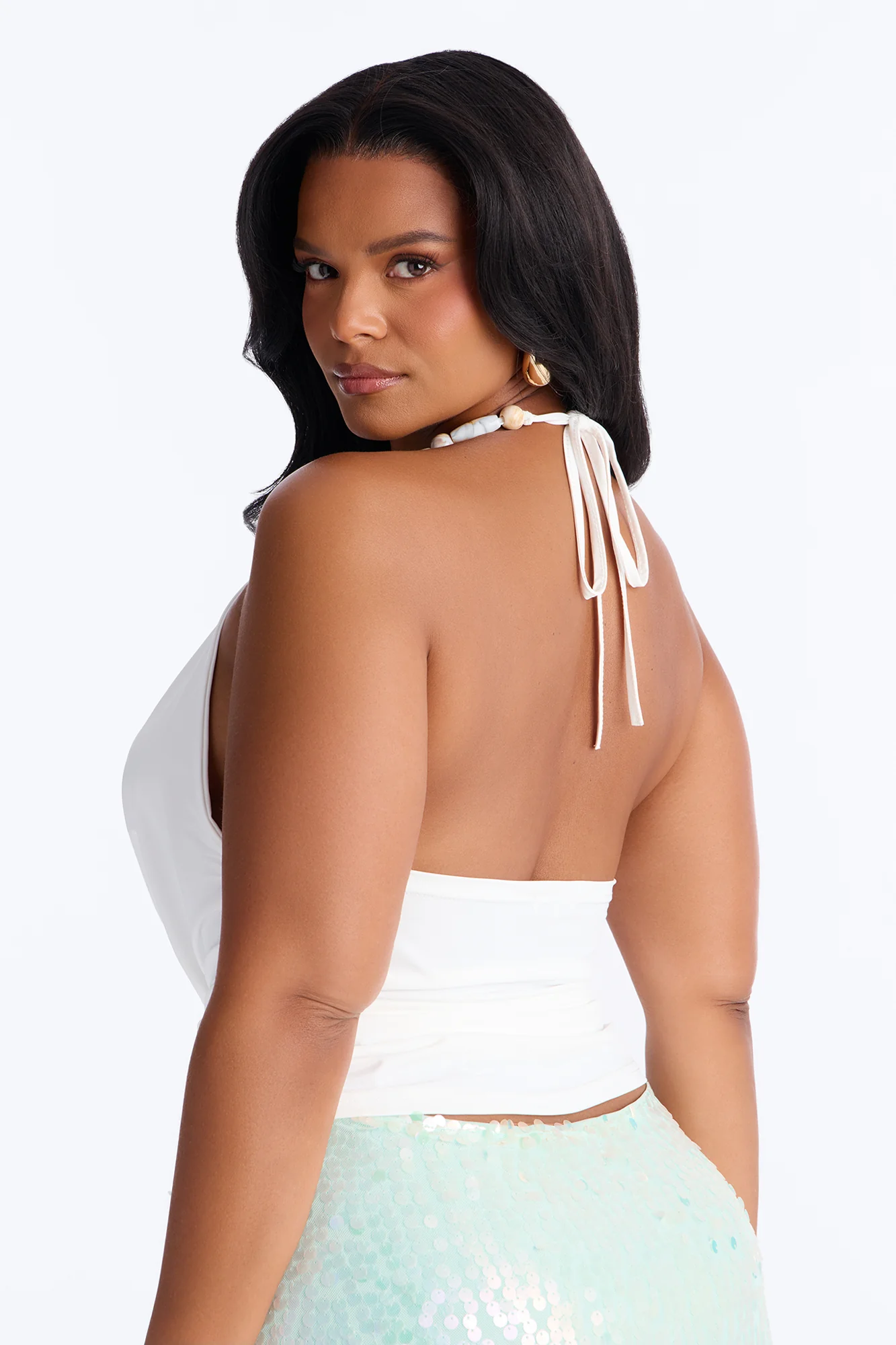 Paradise Nights Beaded Cowl Neck Halter Top - White - Image 7