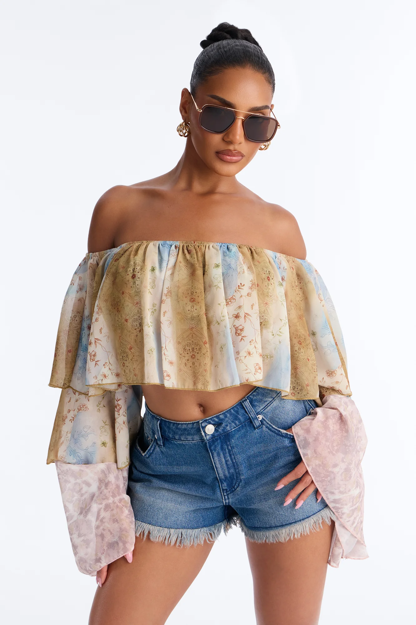 Part of The Job Ruffle Off Shoulder Chiffon Top - Multi Color