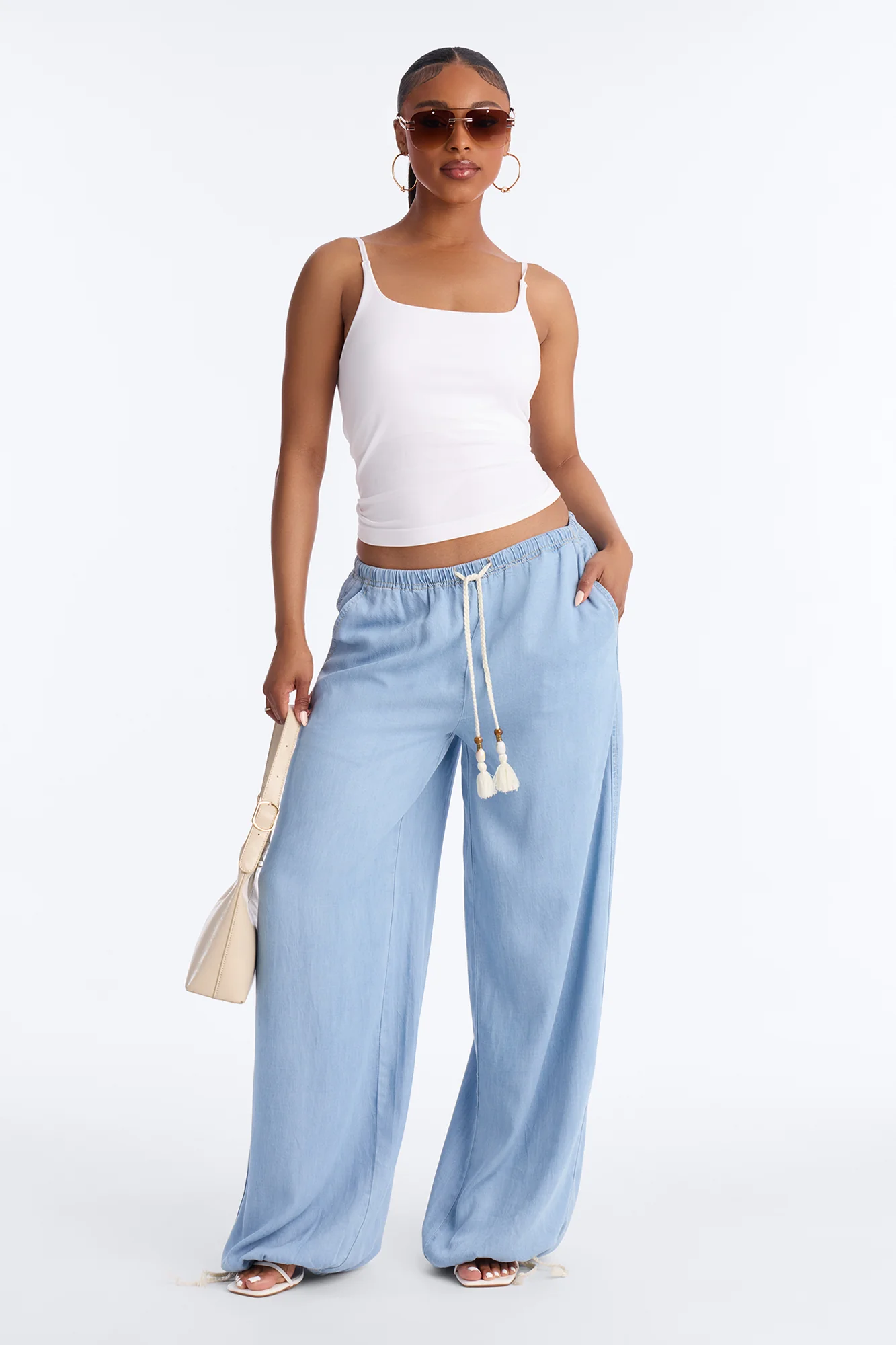 Passport Ready Loose Fit Tie Waist Drapey Jeans - Light Wash