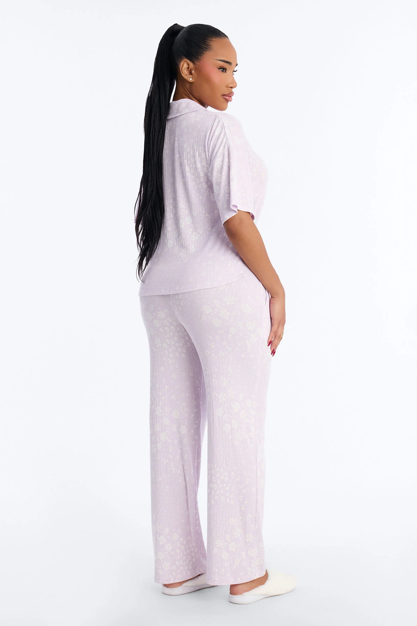 Patchwork Floral Notch Collar PJ Pant Set - Lavender - Image 4