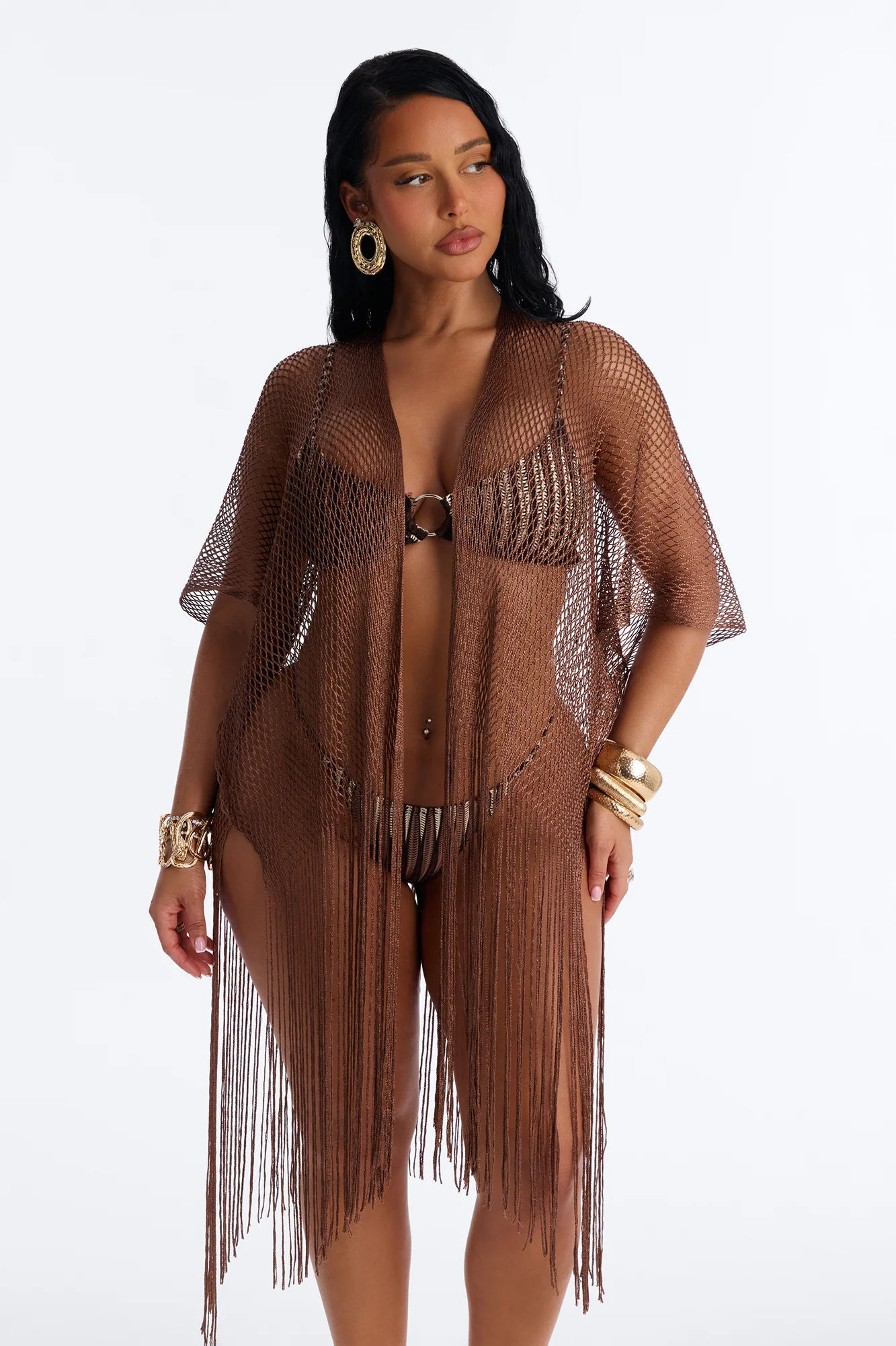 Paula Shimmer Fringe Swim Cover Up Kimono - Bronze - Image 2