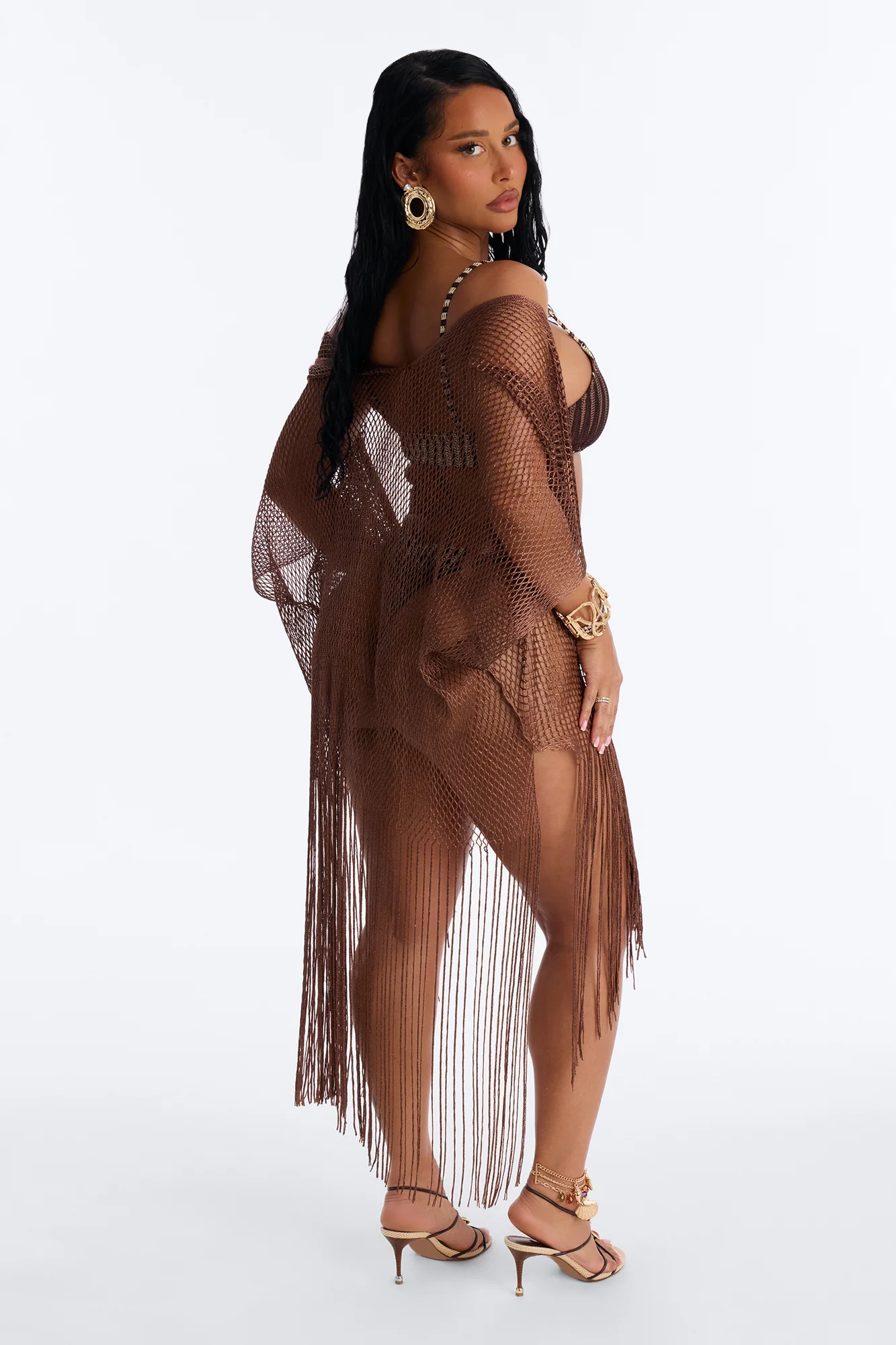 Paula Shimmer Fringe Swim Cover Up Kimono - Bronze - Image 4