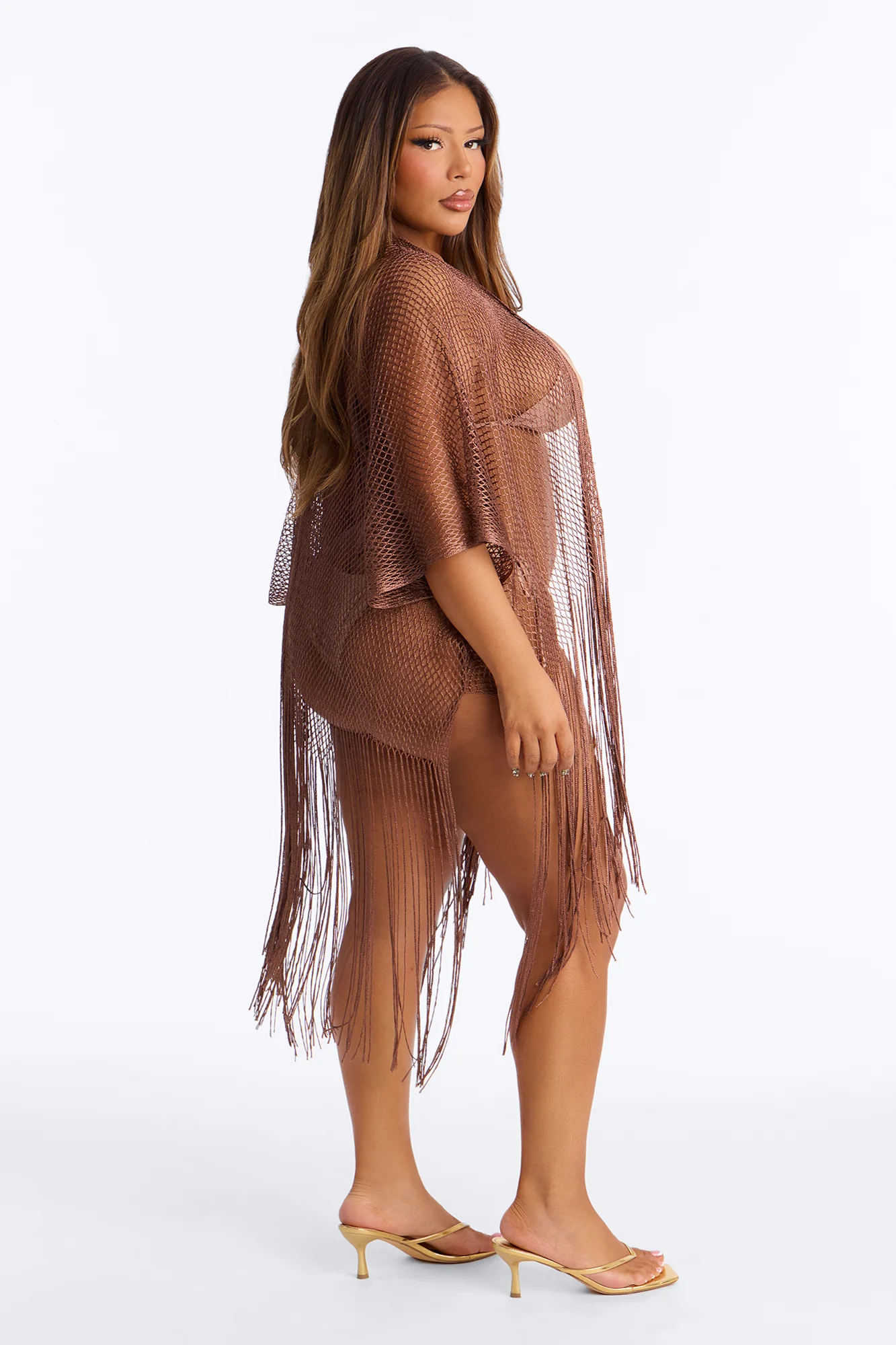 Paula Shimmer Fringe Swim Cover Up Kimono - Bronze - Image 7