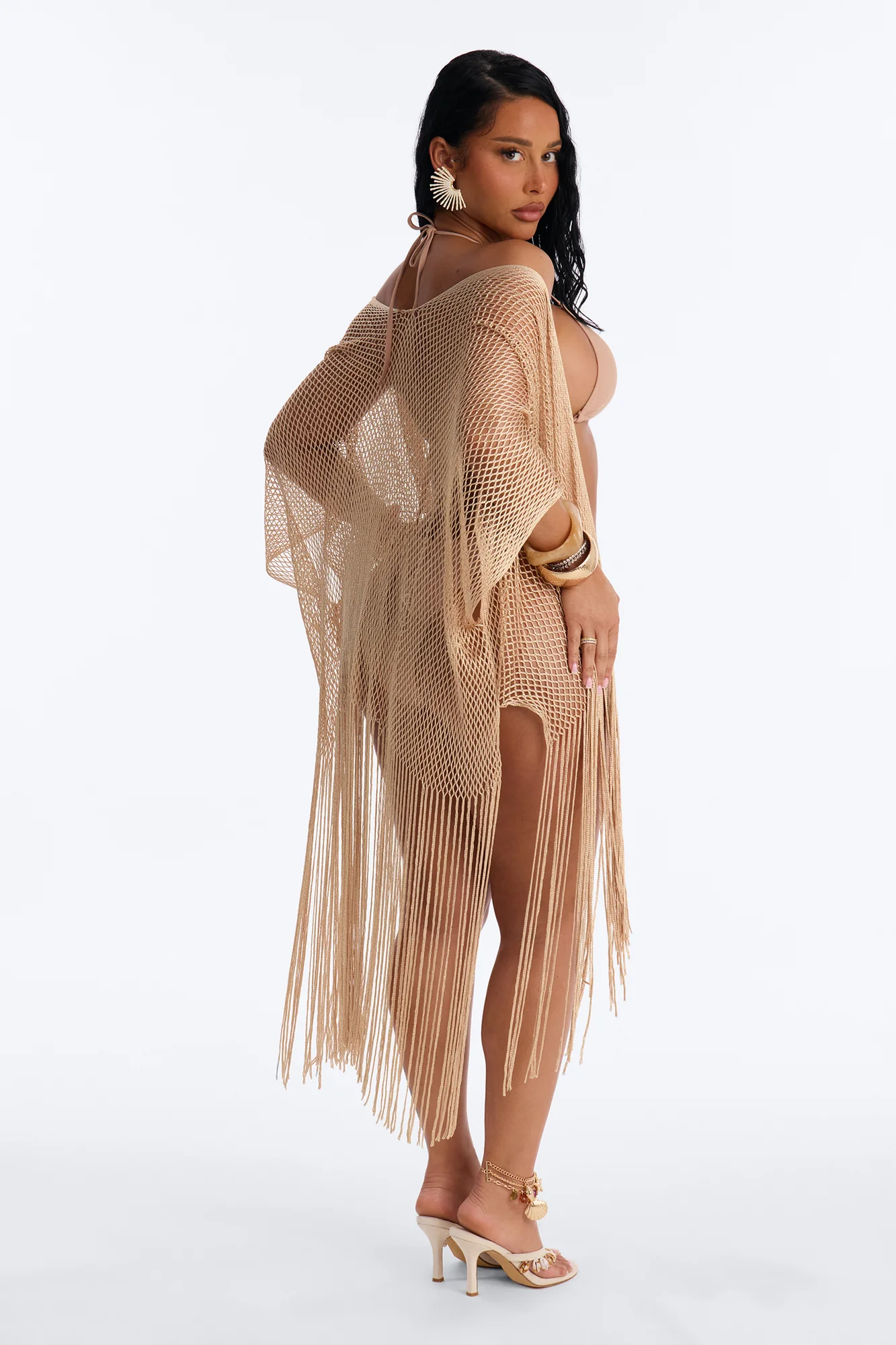 Paula Shimmer Fringe Swim Cover Up Kimono - Gold - Image 4