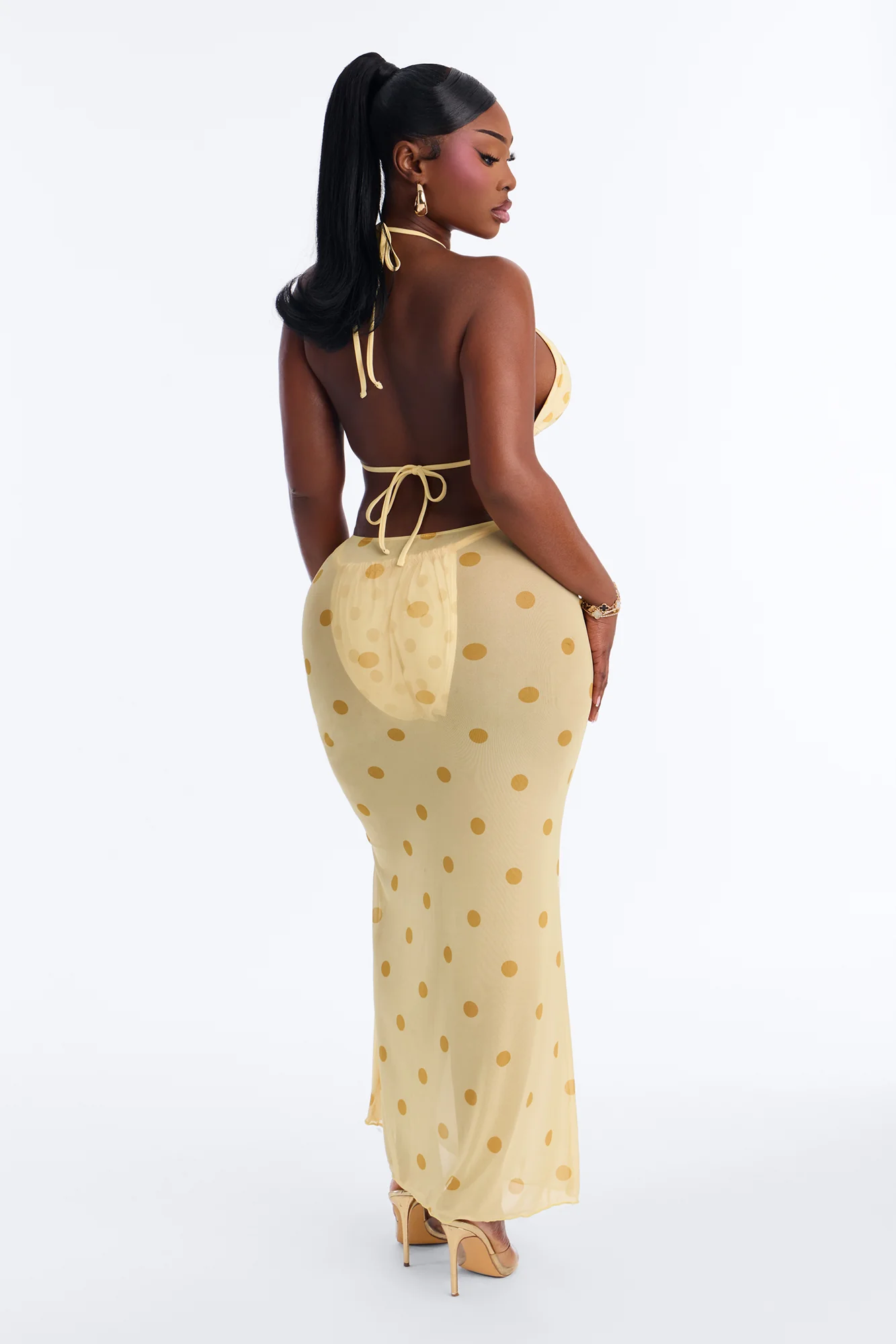 Paulette 3 Piece Polka Dot Halter Bikini & Mesh Cover Up Maxi Skirt Sunsuit - Yellow - Image 12