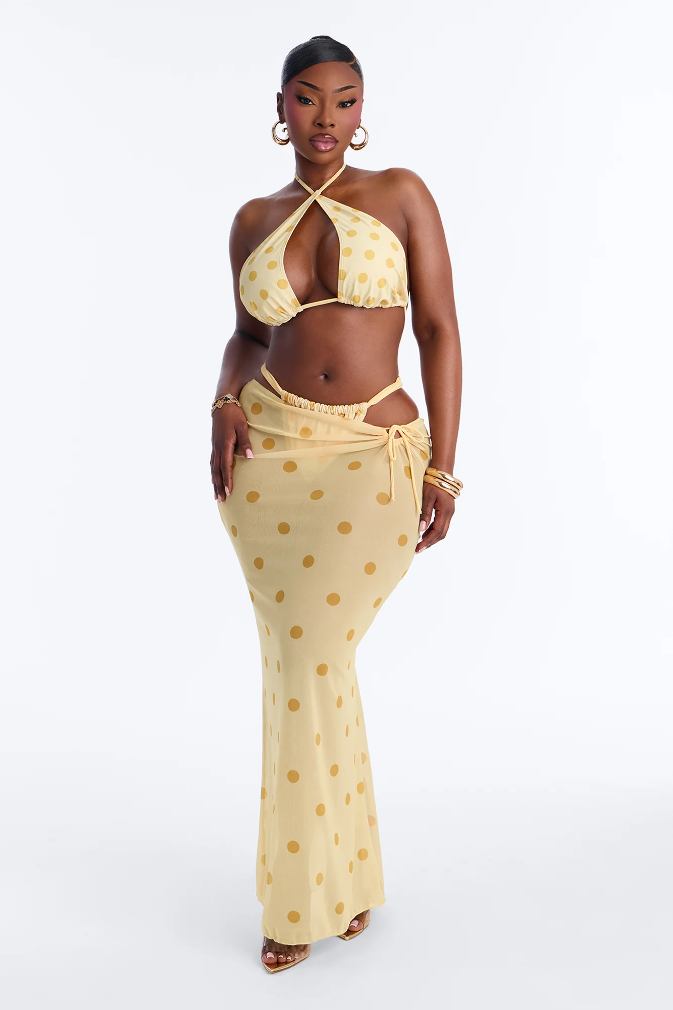 Paulette 3 Piece Polka Dot Halter Bikini & Mesh Cover Up Maxi Skirt Sunsuit - Yellow - Image 9