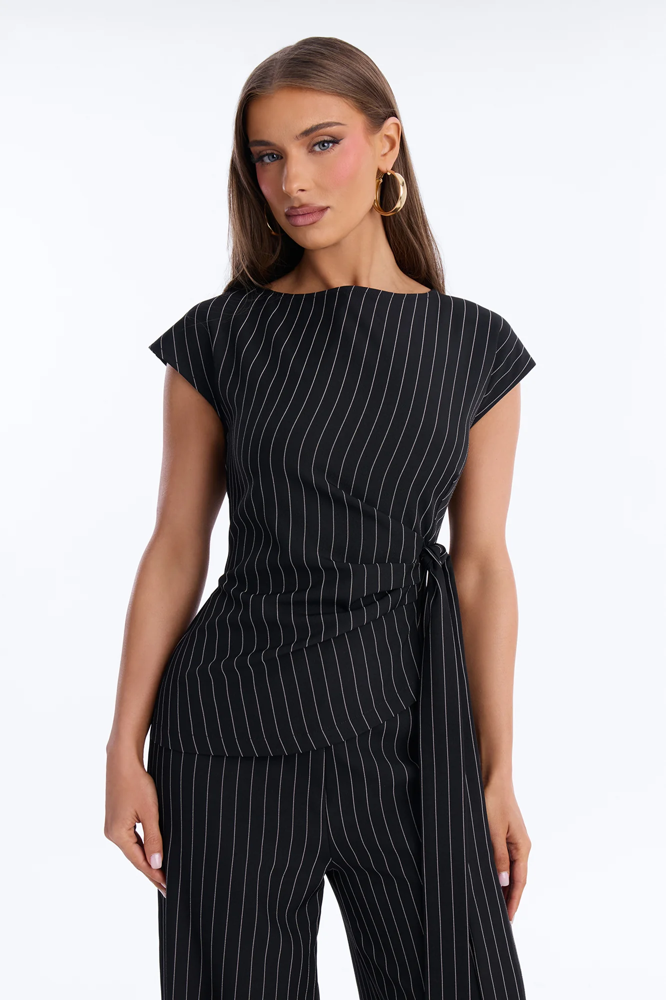 Paulina Pinstripe Wide Leg Jumpsuit - Black - Image 2