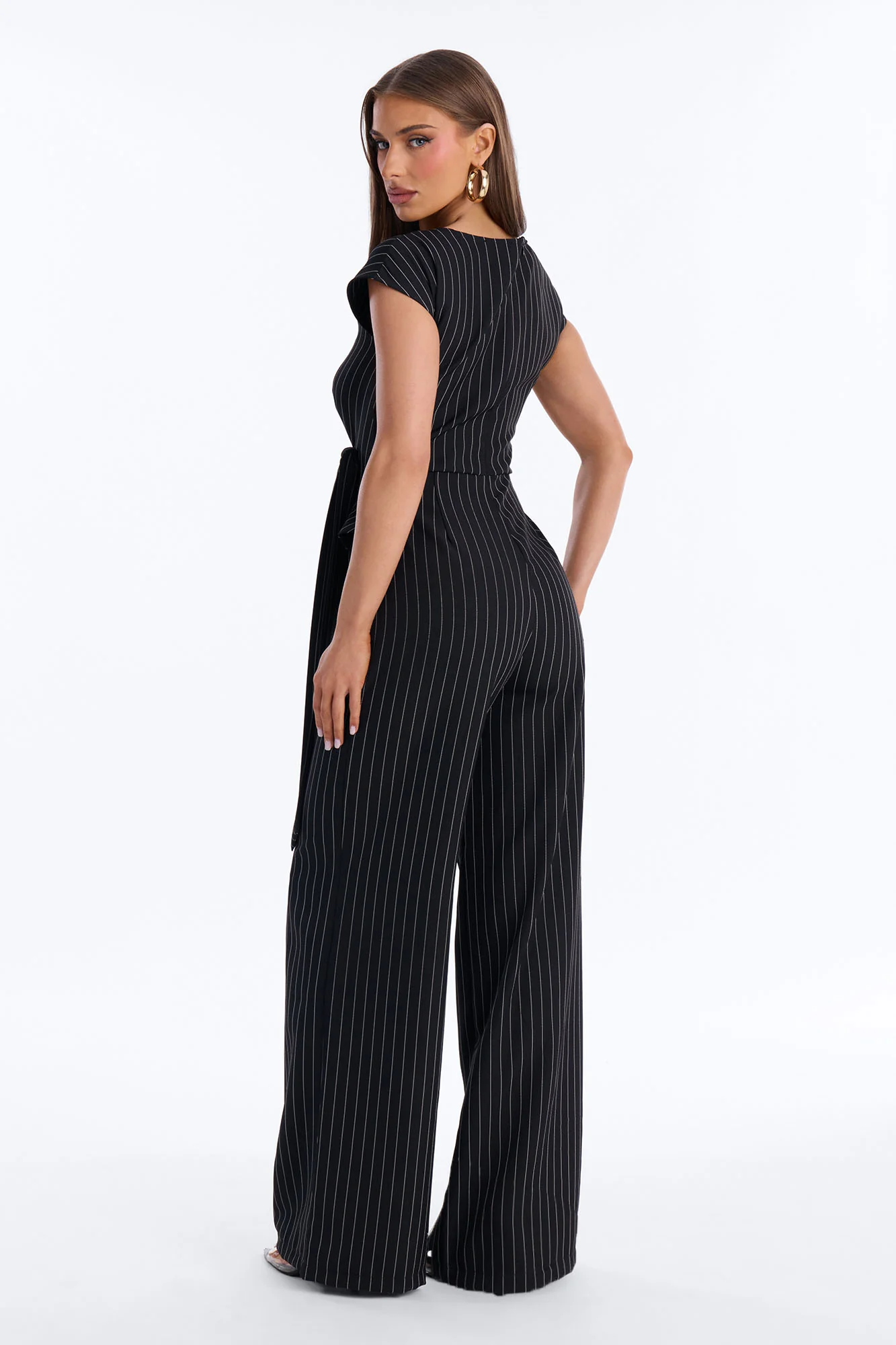 Paulina Pinstripe Wide Leg Jumpsuit - Black - Image 4