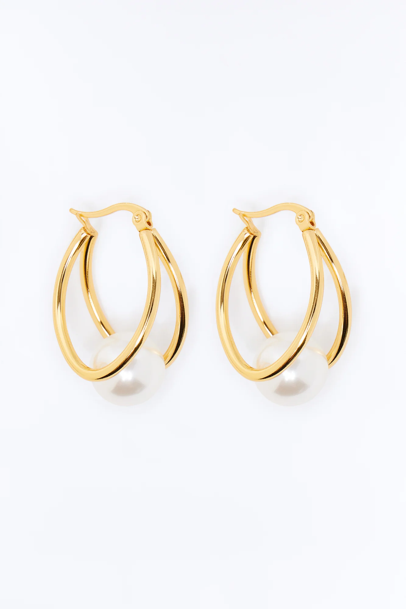 Pearl Drop Hoop Earrings - Gold - Image 3