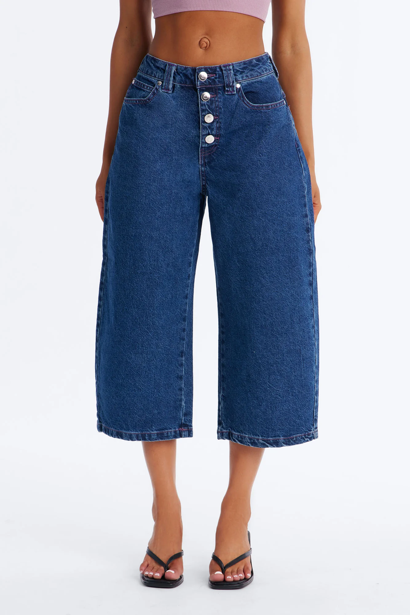 Persephone Button Fly Culotte Jeans - Rinse Blue Wash - Image 2
