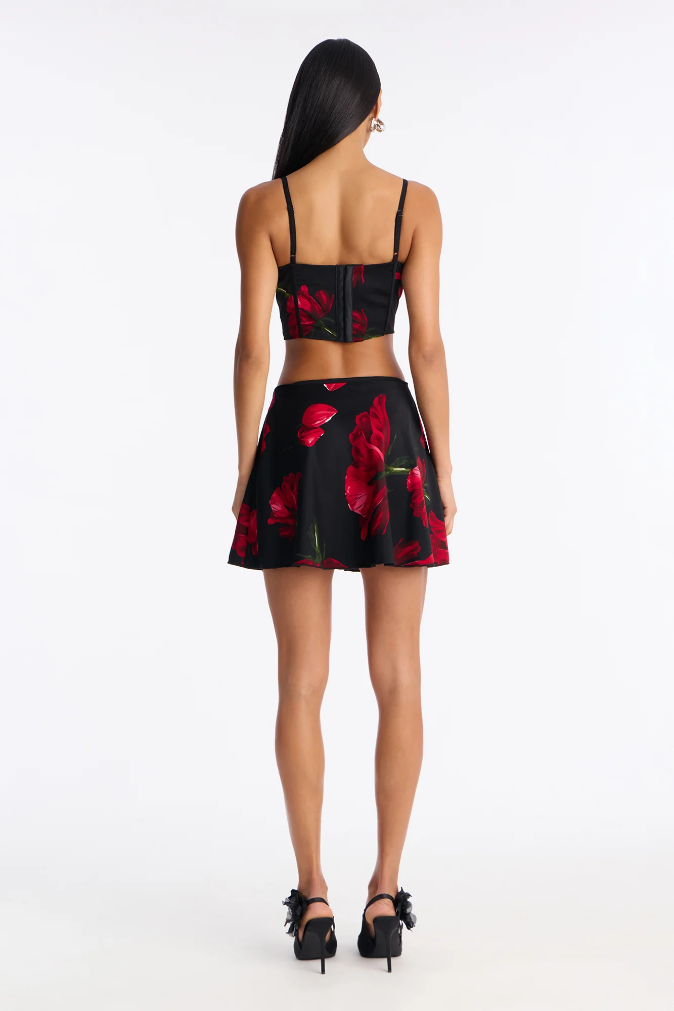 Petals Floral Satin Mini Skirt Set - Black/Red - Image 4