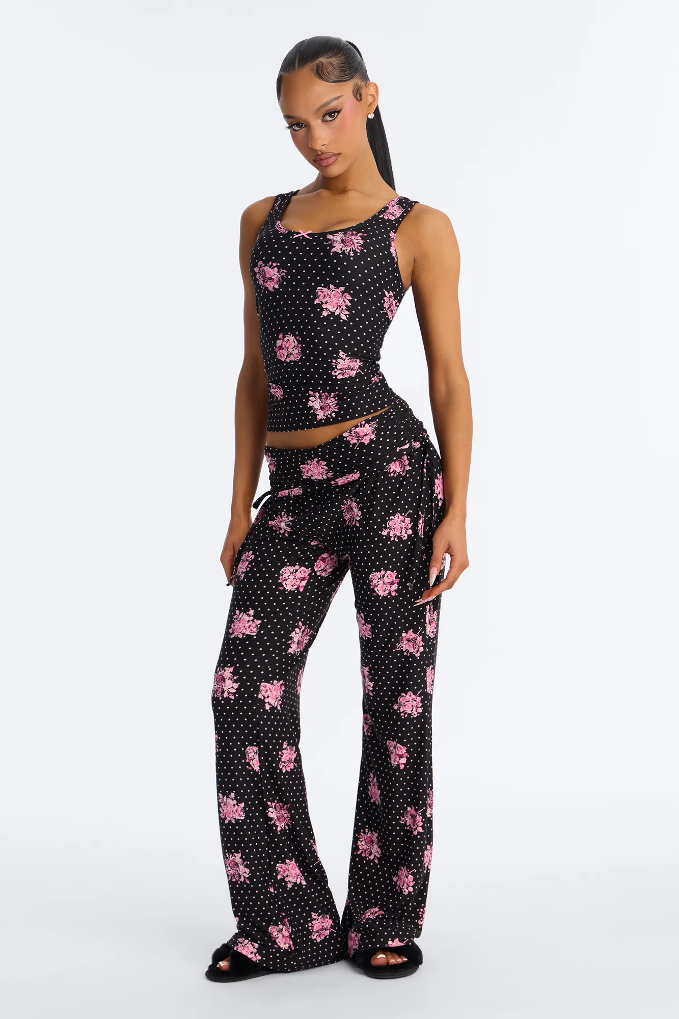 Petty Dreams Tank PJ Foldover Pant Set - Black/Pink