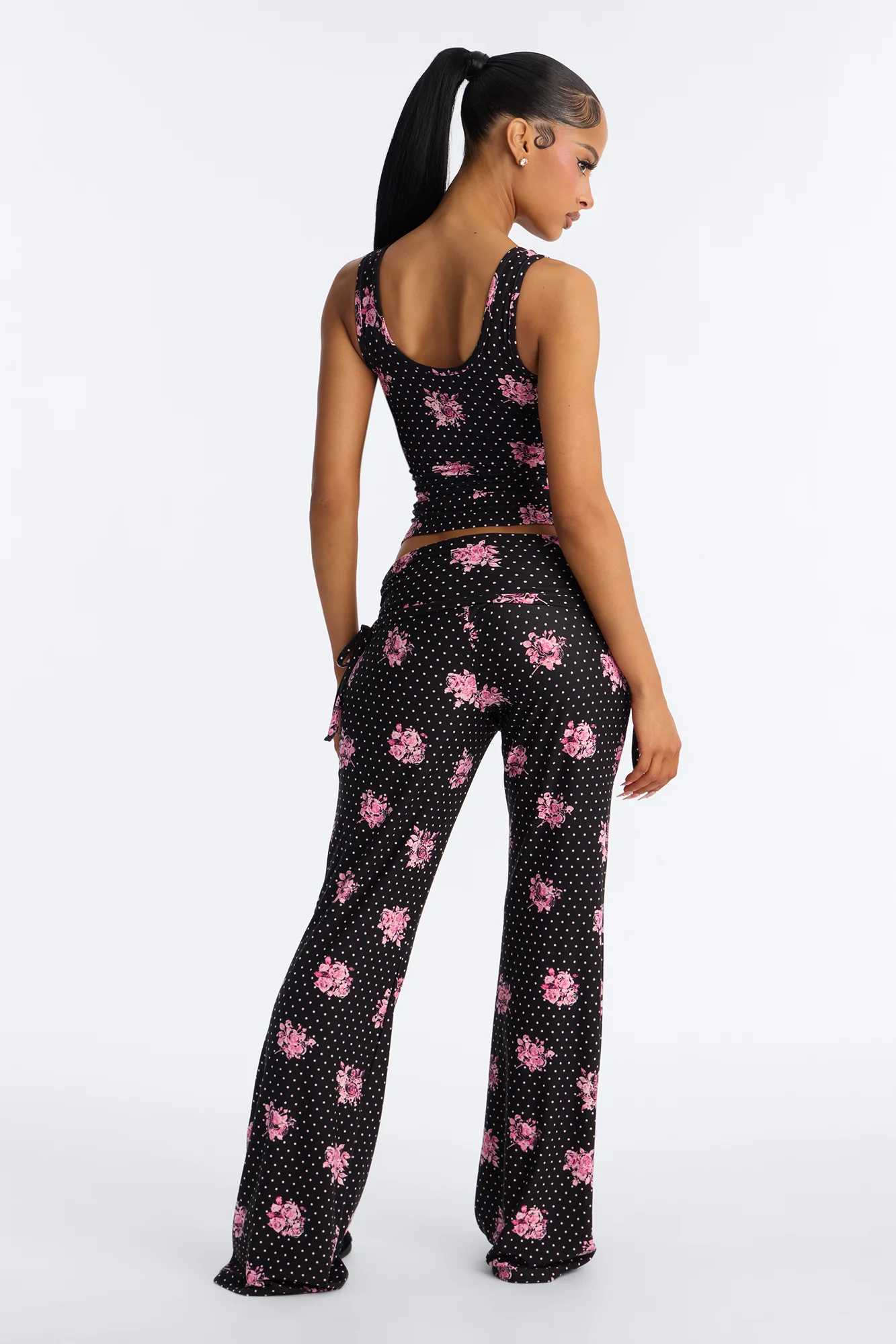 Petty Dreams Tank PJ Foldover Pant Set - Black/Pink - Image 3