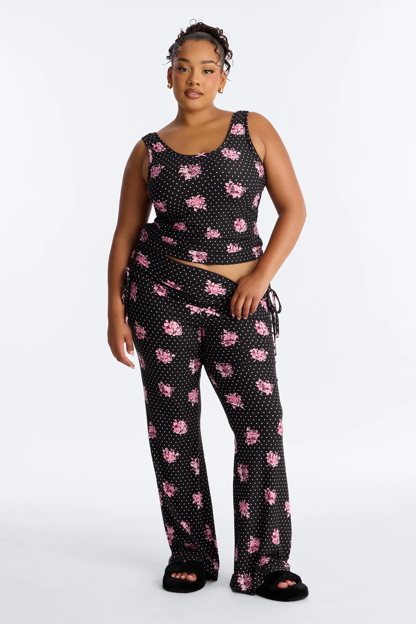 Petty Dreams Tank PJ Foldover Pant Set - Black/Pink - Image 4