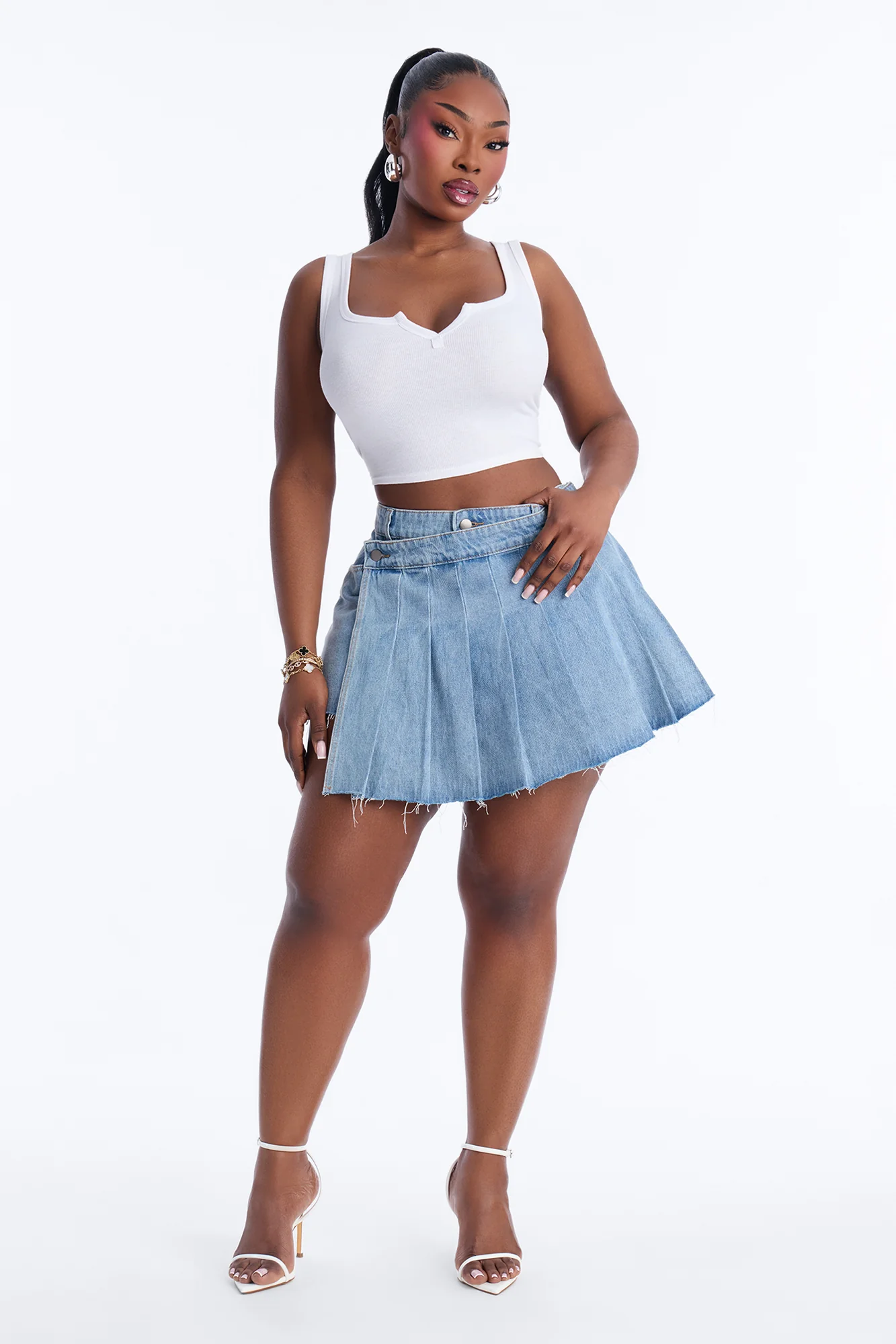 Phenomenal Flirt Pleated Denim Wrap Mini Skort - Medium Wash - Image 5