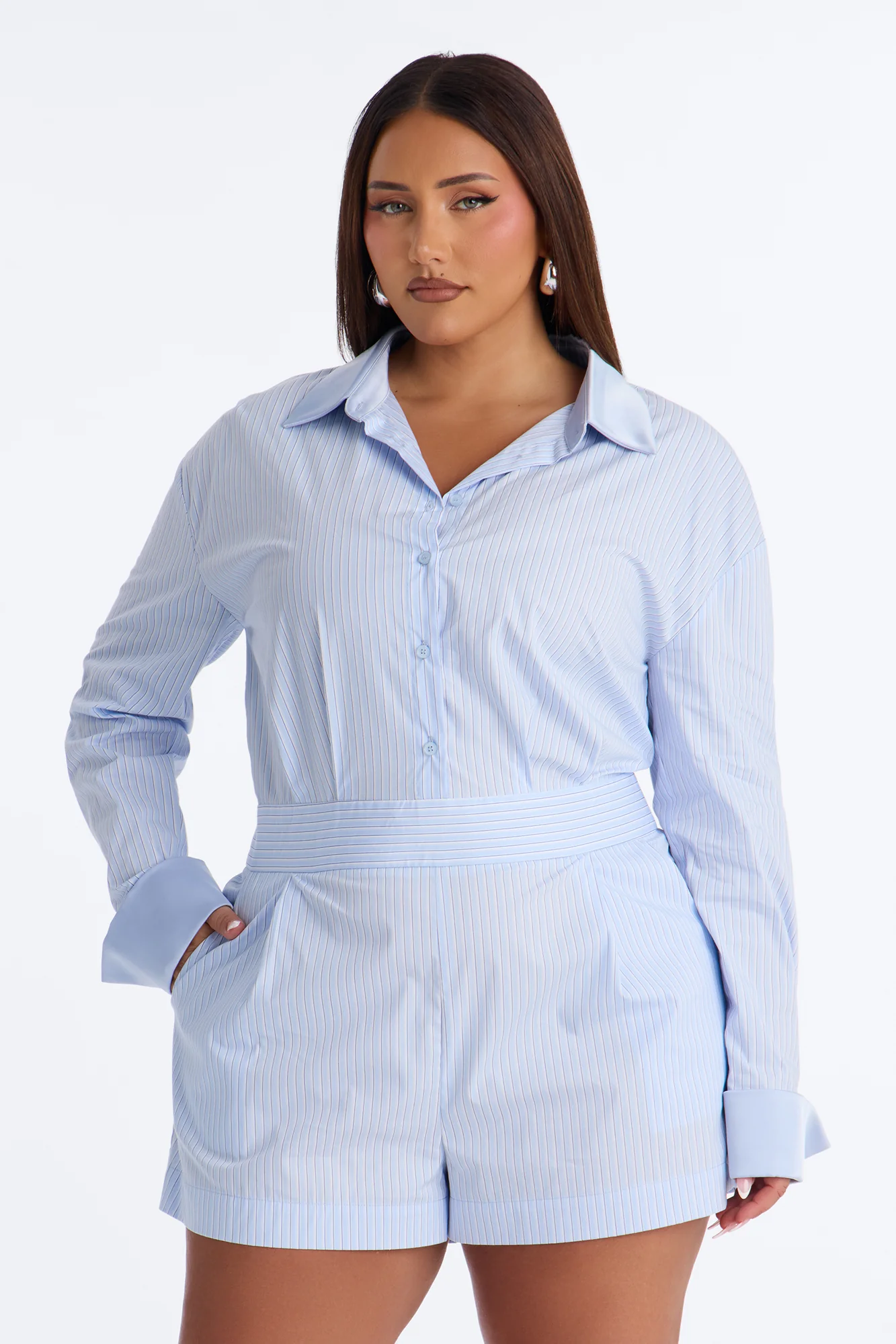 Pia Pinstripe Poplin Romper - Blue - Image 5