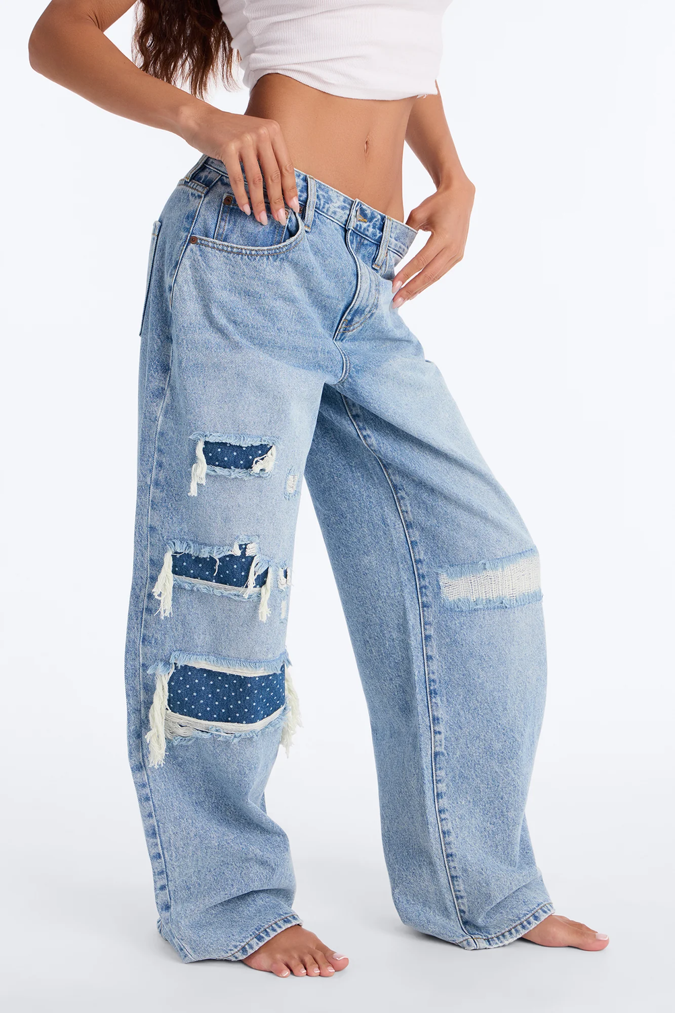 Pieces Of Me Rip And Repair Wide Leg Jeans - Light Wash