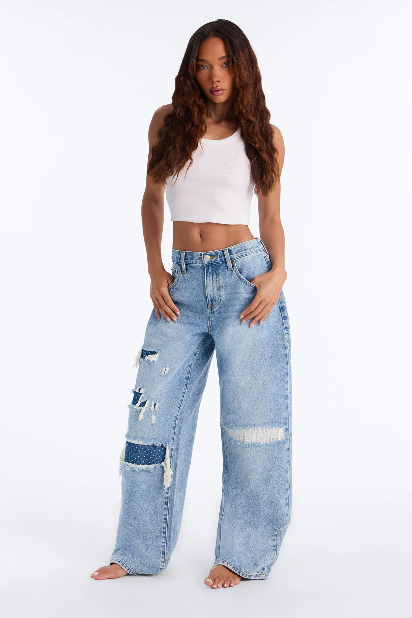 Pieces Of Me Rip And Repair Wide Leg Jeans - Light Wash - Image 4