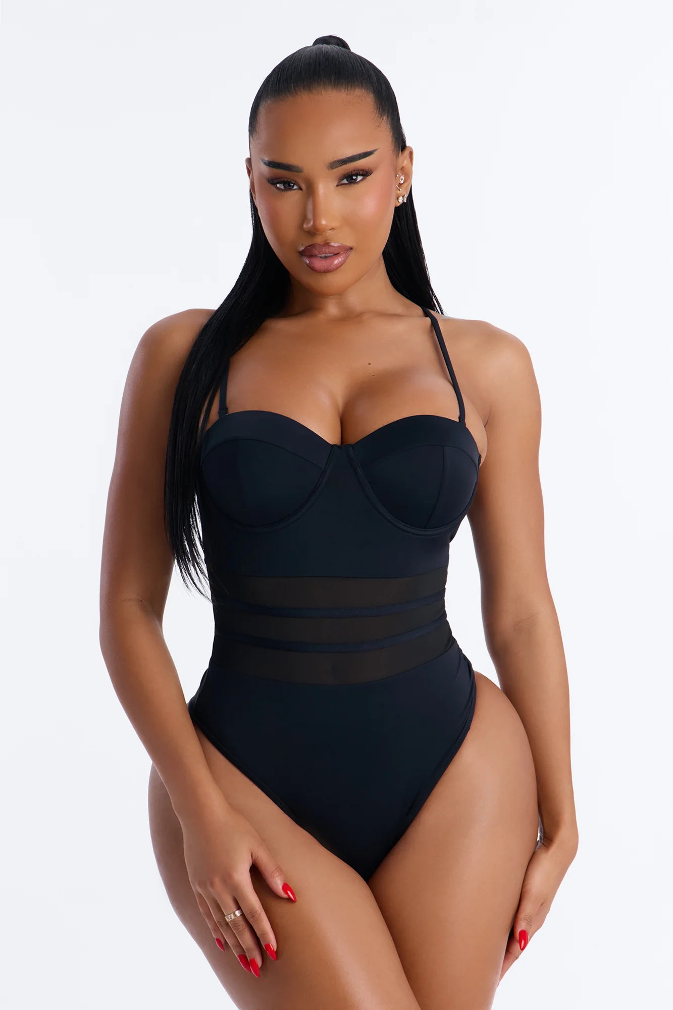 Pier Pressure Underwire Mesh Cutout 1 Piece Swimsuit - Black