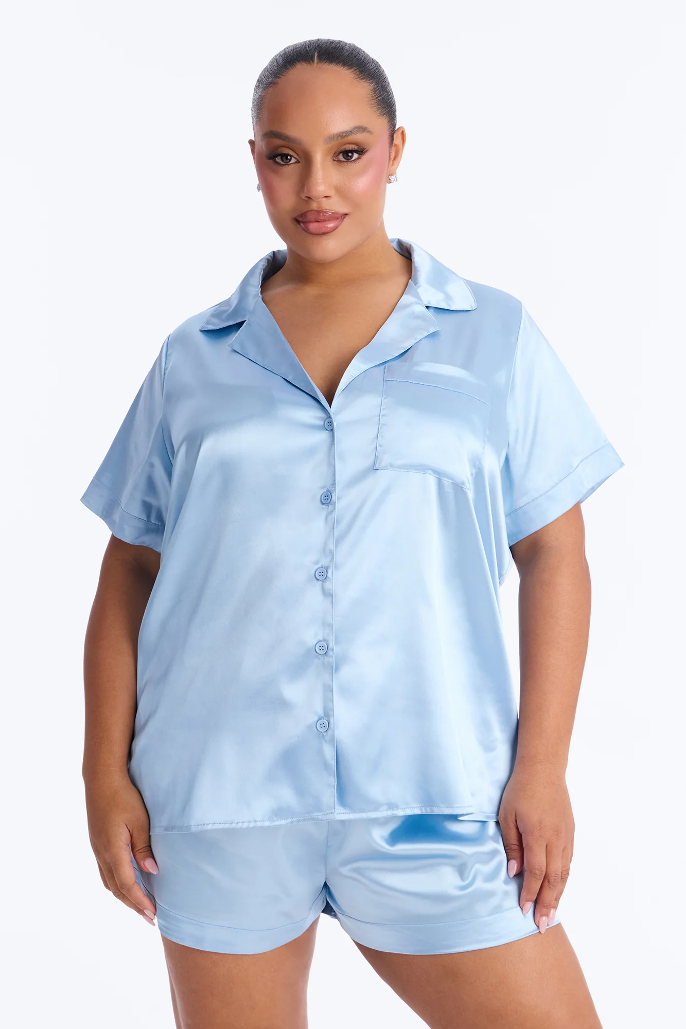 Pillow Fight Stretch Satin PJ Short Set - Light Blue - Image 4
