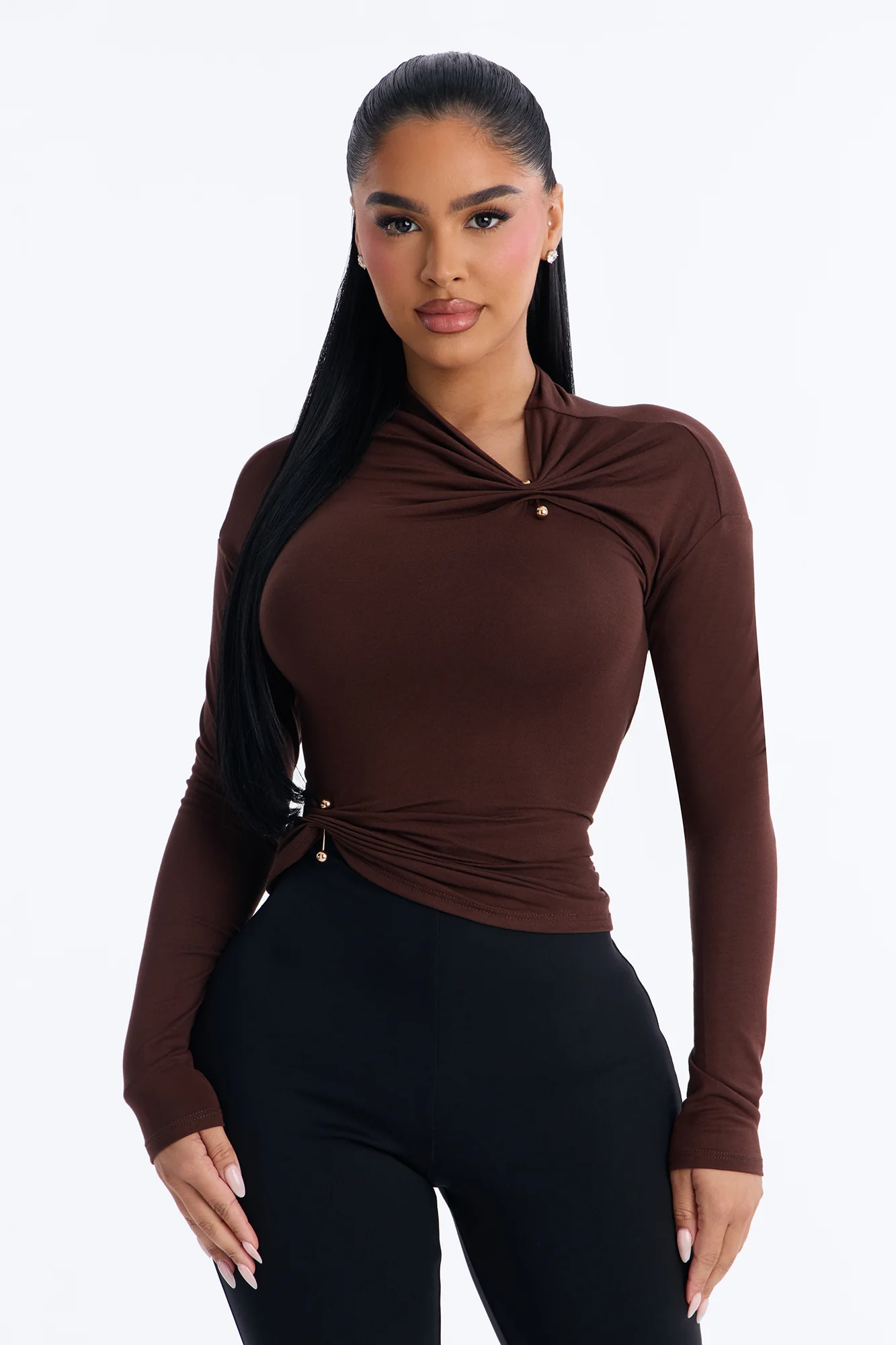 Pin Me Asymmetrical Neck Long Sleeve Top - Brown