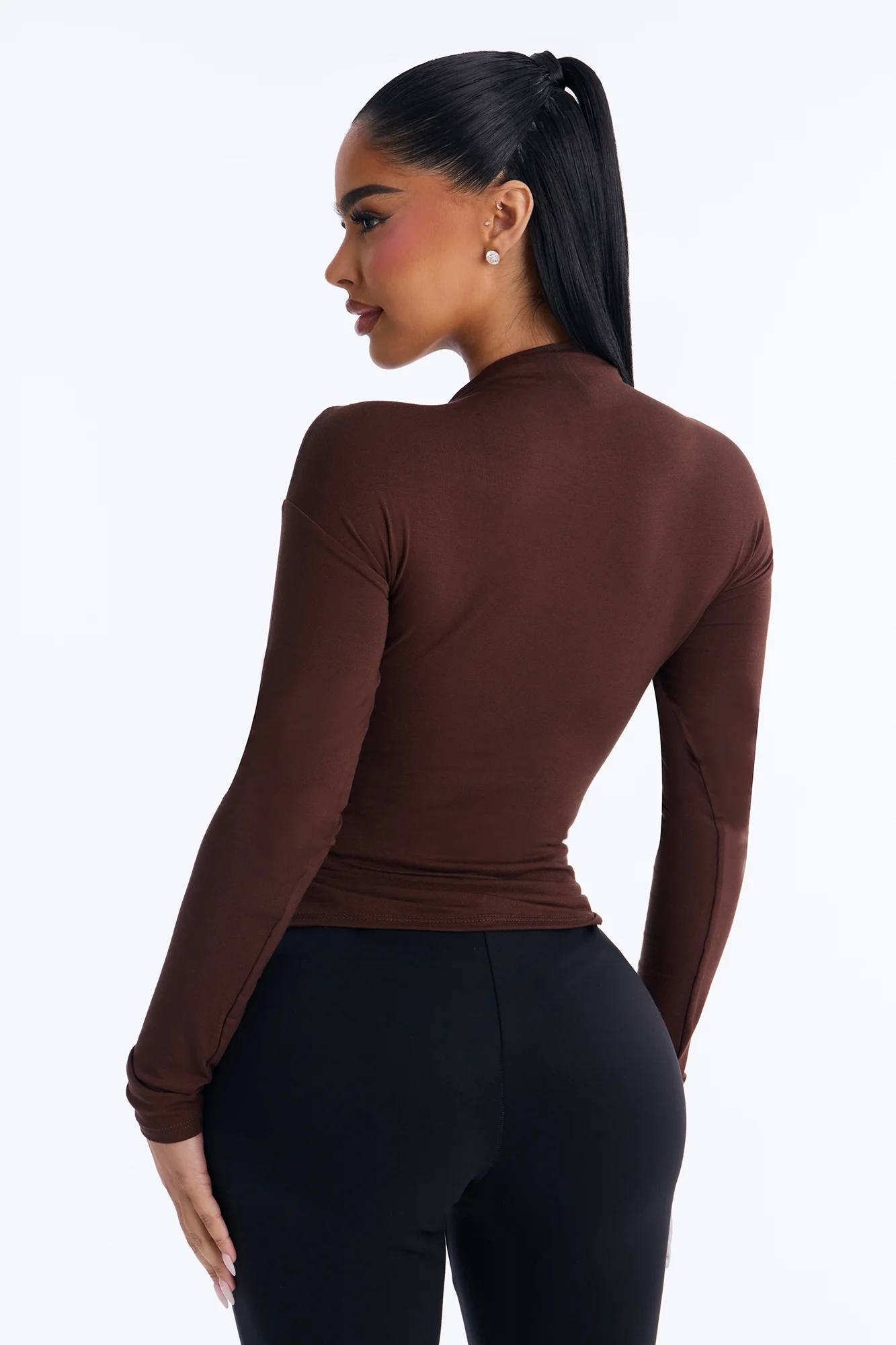 Pin Me Asymmetrical Neck Long Sleeve Top - Brown - Image 4