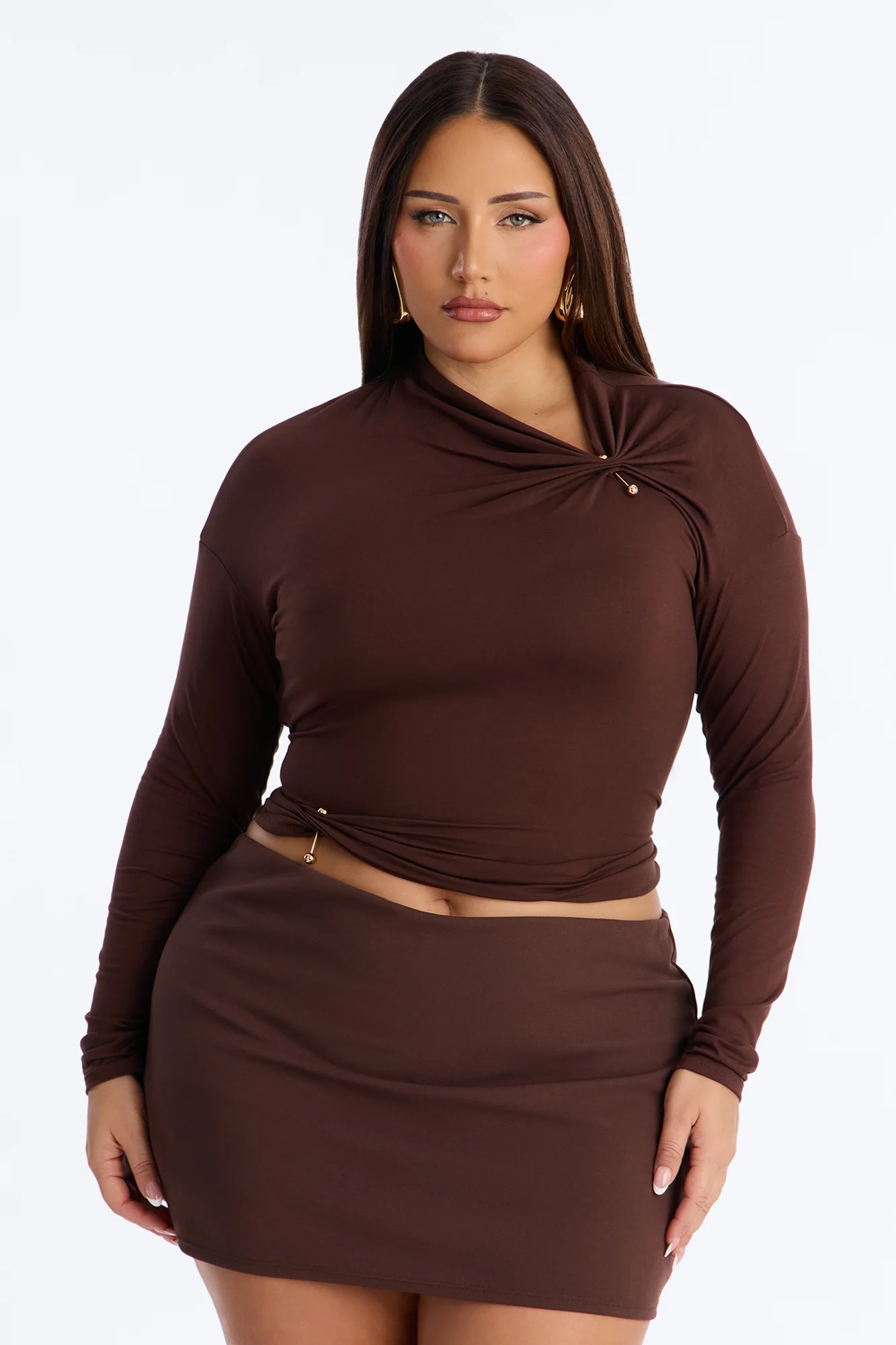 Pin Me Asymmetrical Neck Long Sleeve Top - Brown - Image 5