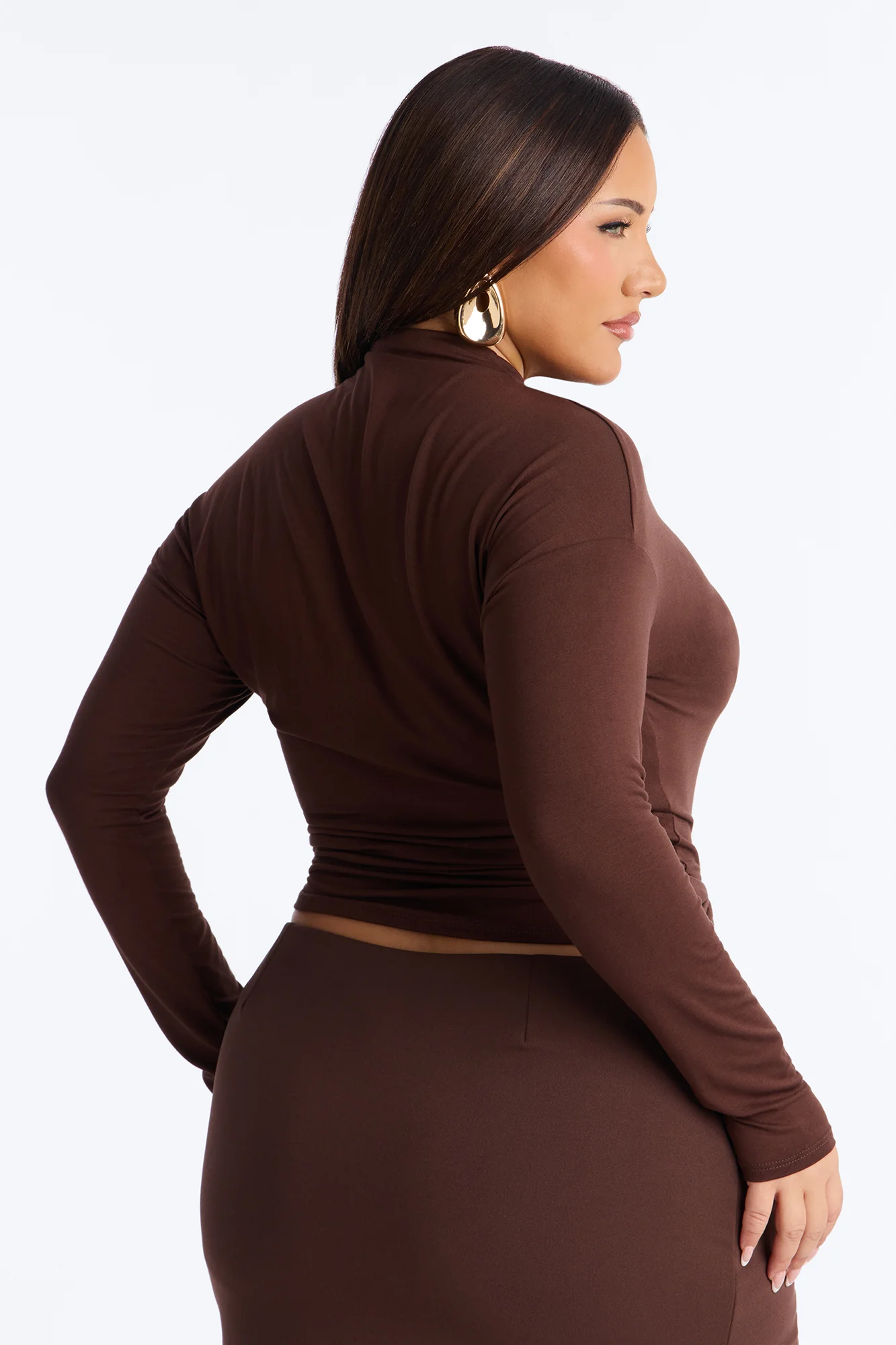 Pin Me Asymmetrical Neck Long Sleeve Top - Brown - Image 8