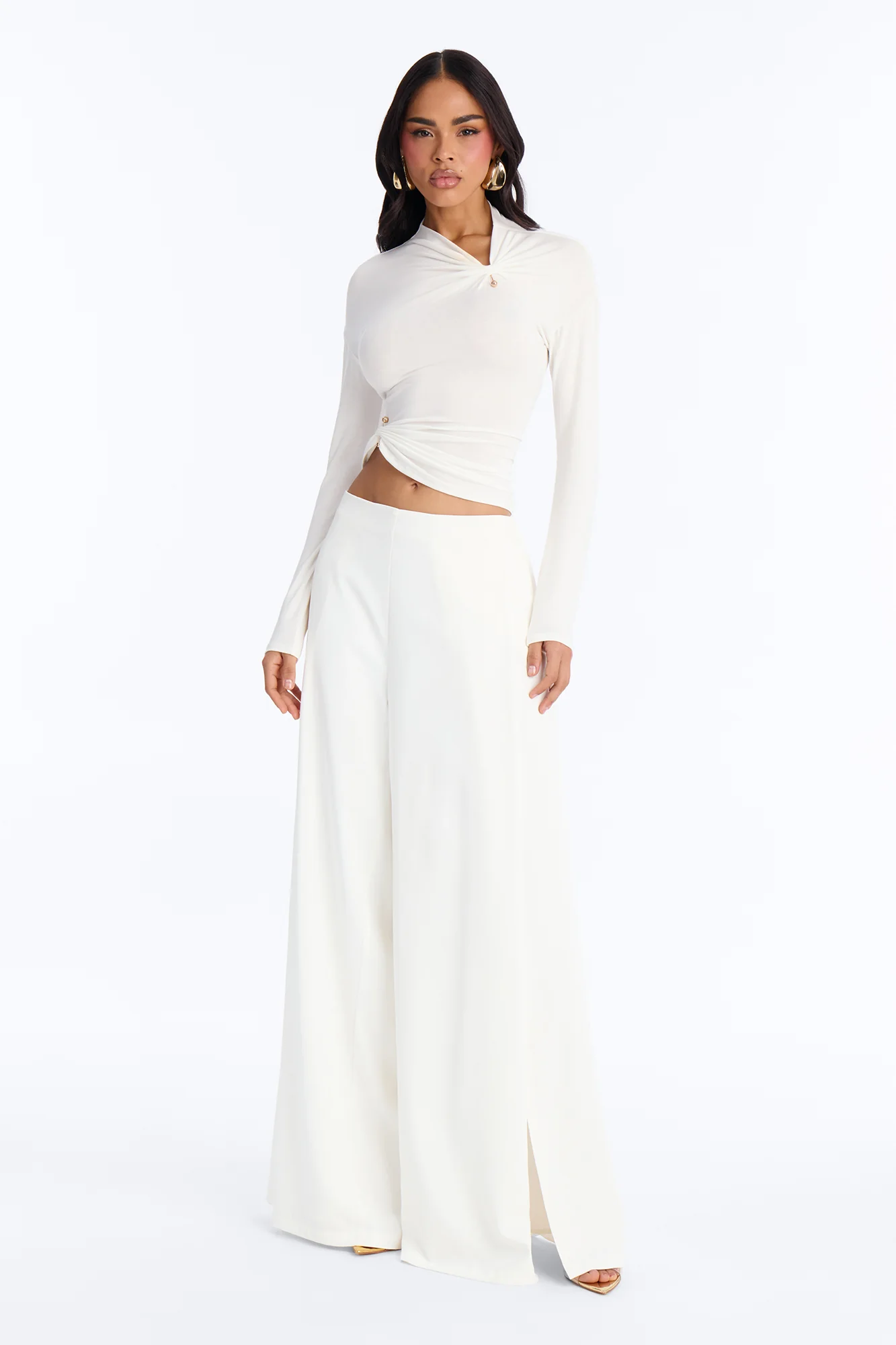 Pin Me Asymmetrical Neck Long Sleeve Top - White - Image 2