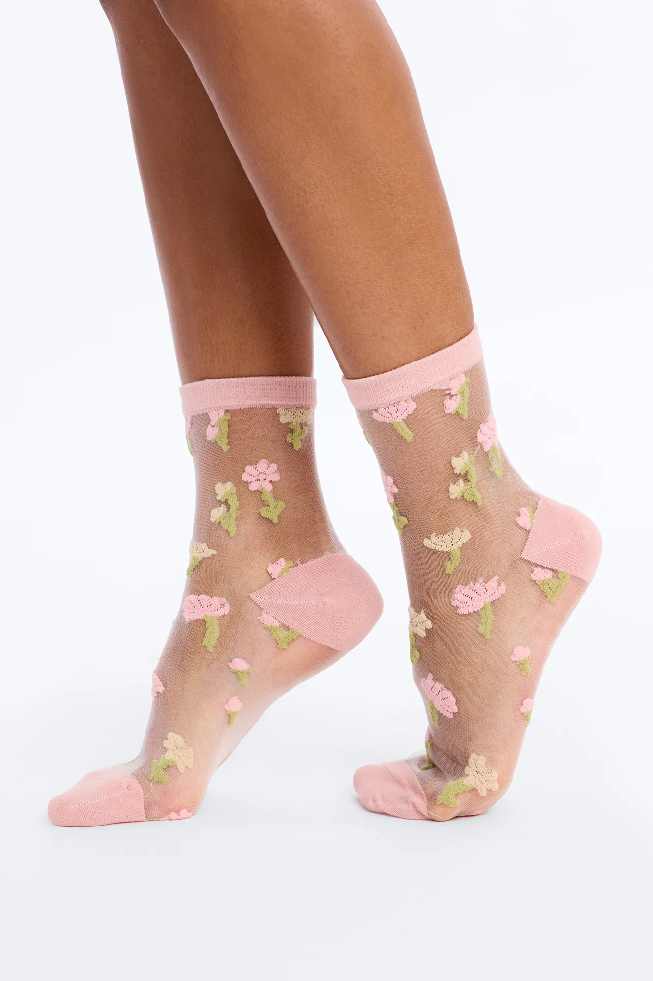 Pink Flowers Sheer Crew Socks - Pink/combo