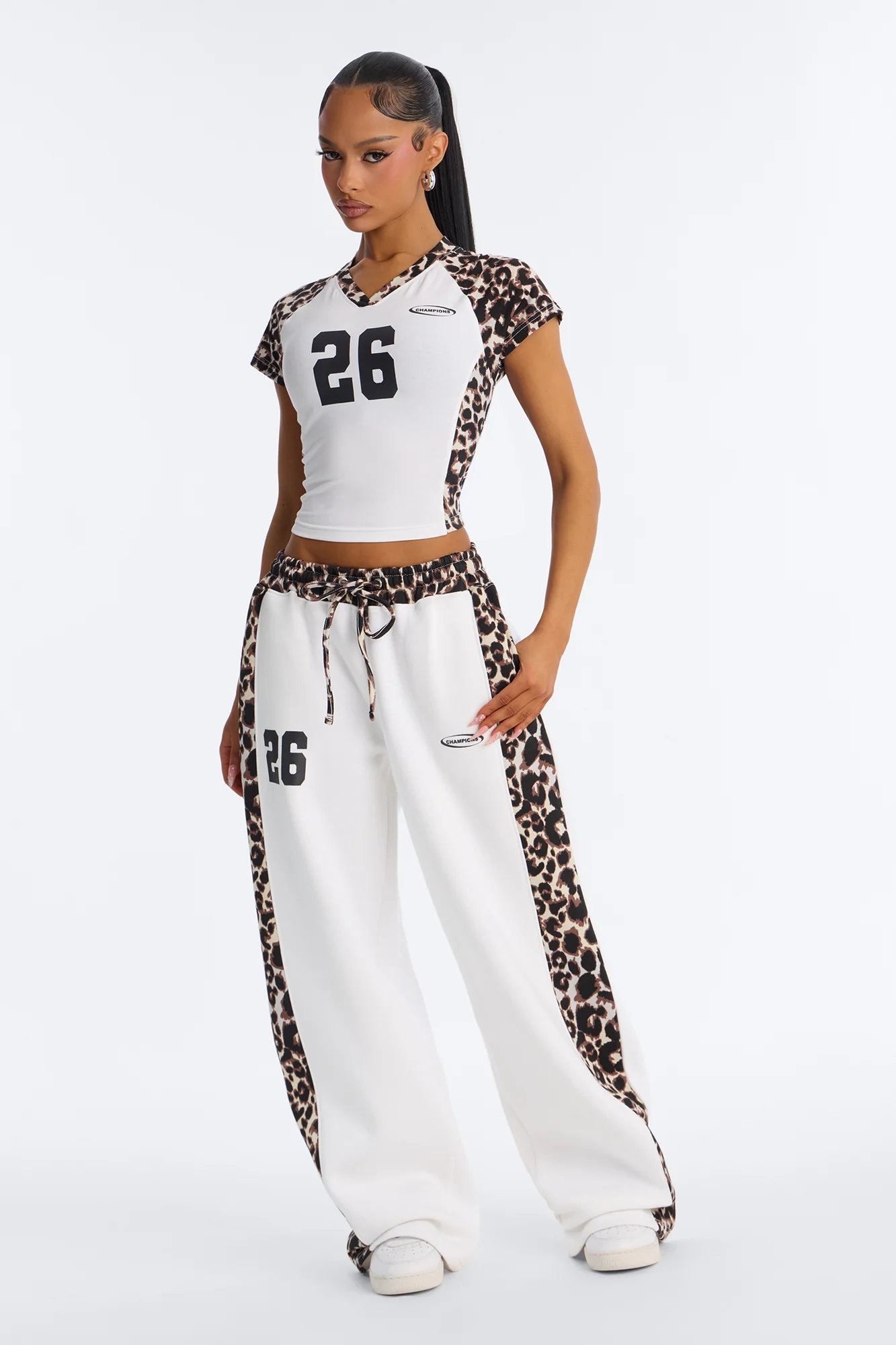 Piper Leopard Wide Leg Fleece Lounge Set - White/combo
