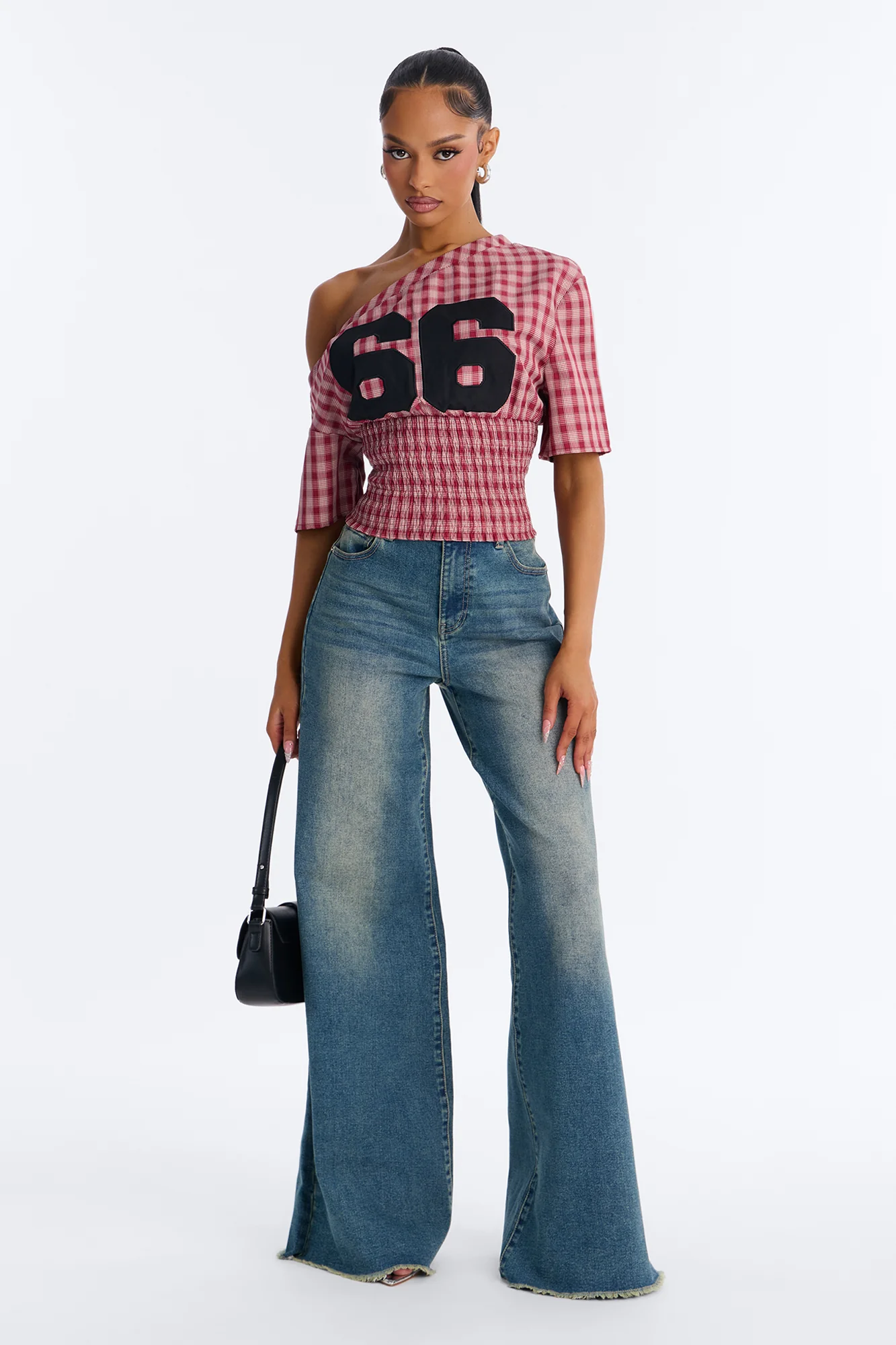 Plaid And Sporty Off Shoulder Top - Red - Image 2