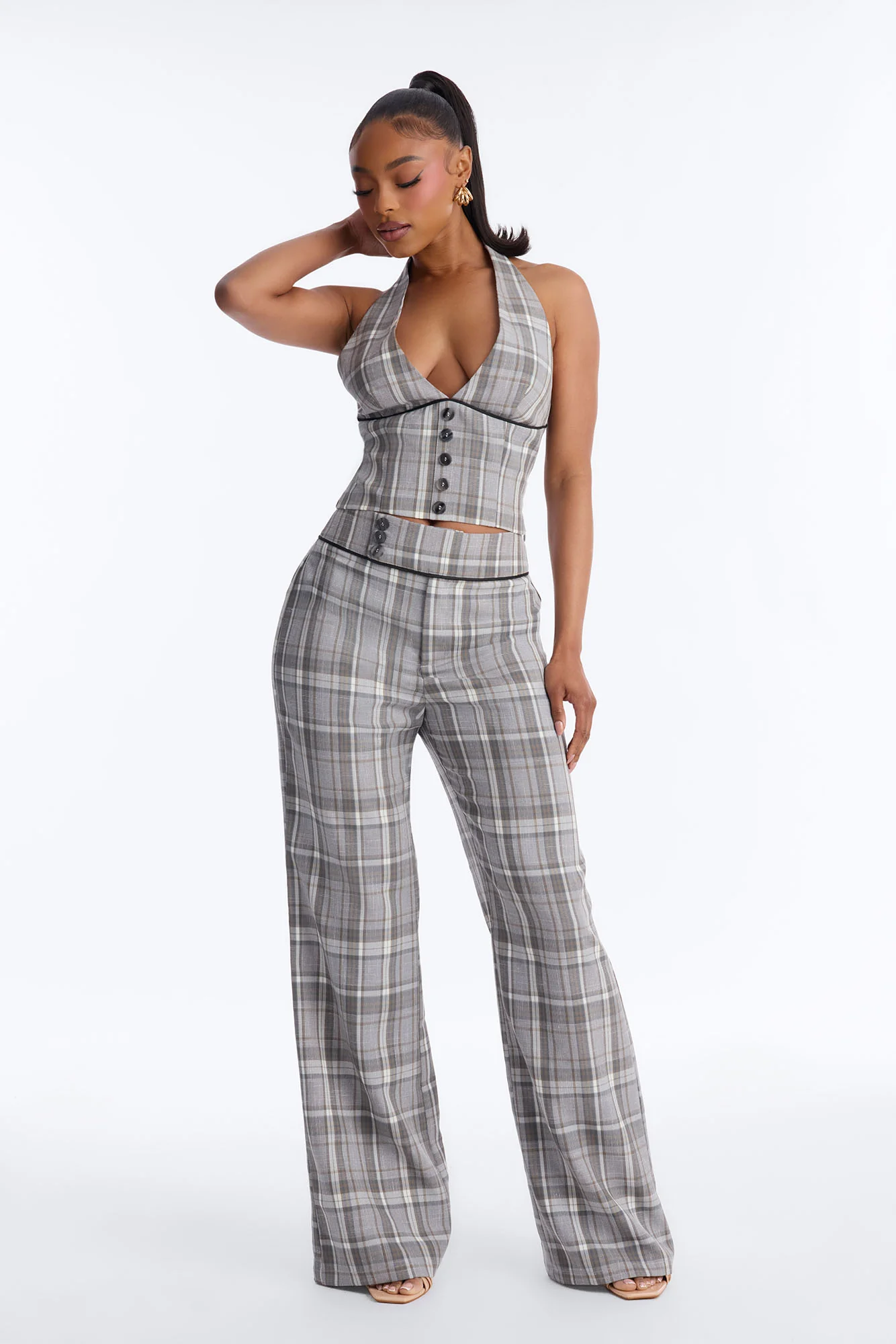 Plaid On Plaid Wide Leg Pant Set - Grey