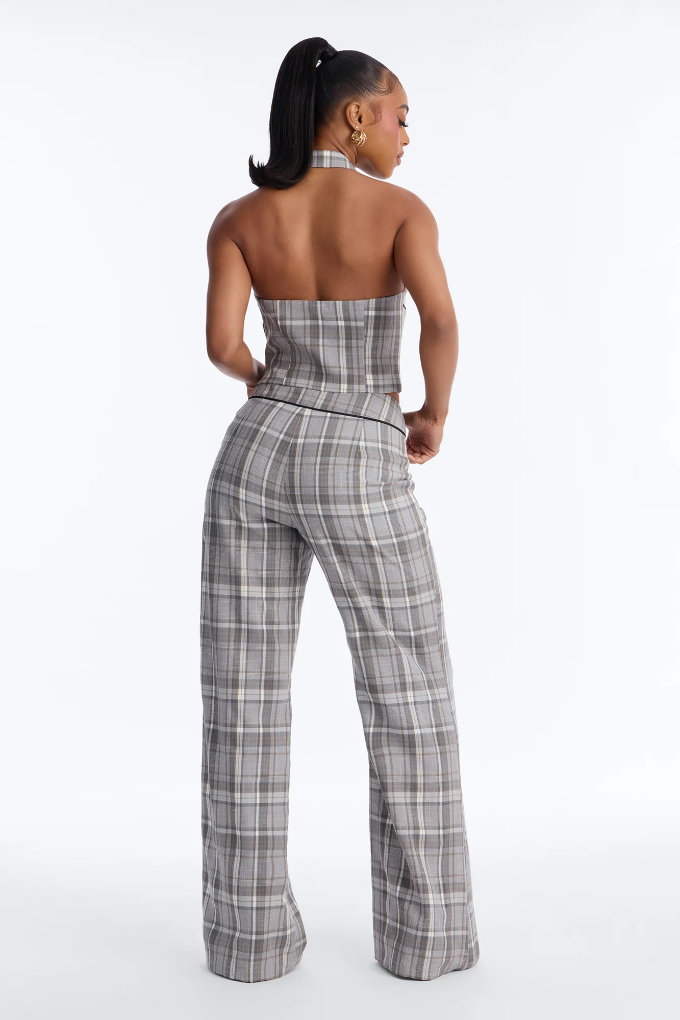 Plaid On Plaid Wide Leg Pant Set - Grey - Image 4