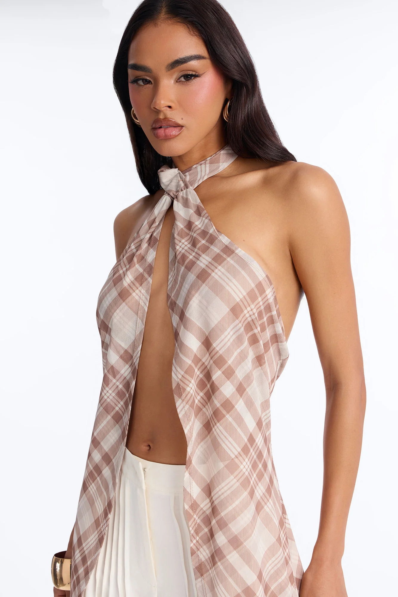 Plaid Vision Mesh Flyaway Halter Top - Cream/combo - Image 2