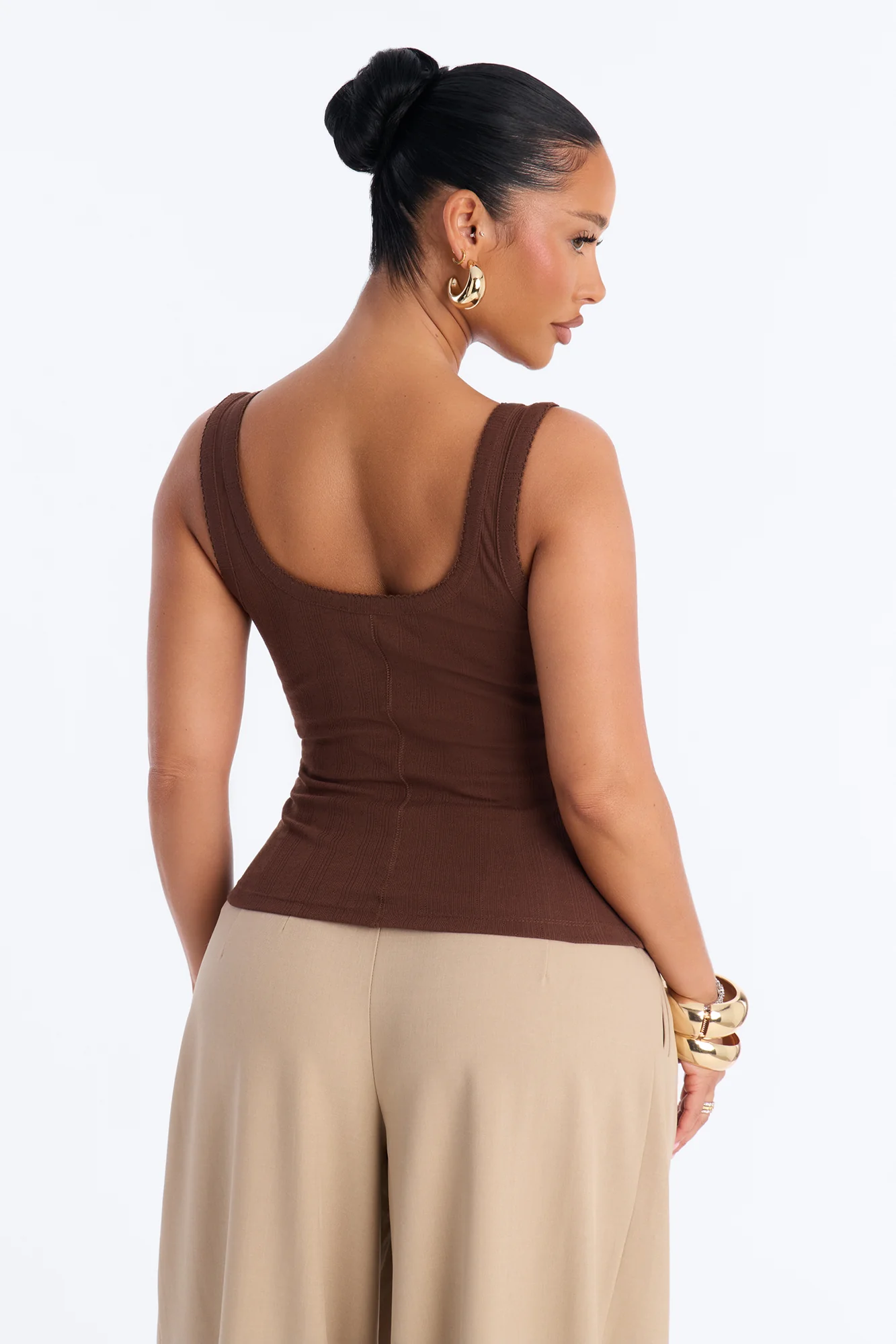 Pointelle Button Front Scoop Neck Tank Top - Chocolate - Image 4