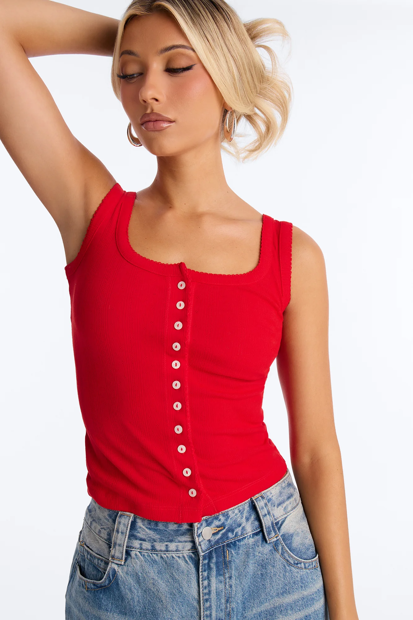 Pointelle Button Front Scoop Neck Tank Top - Red - Image 3