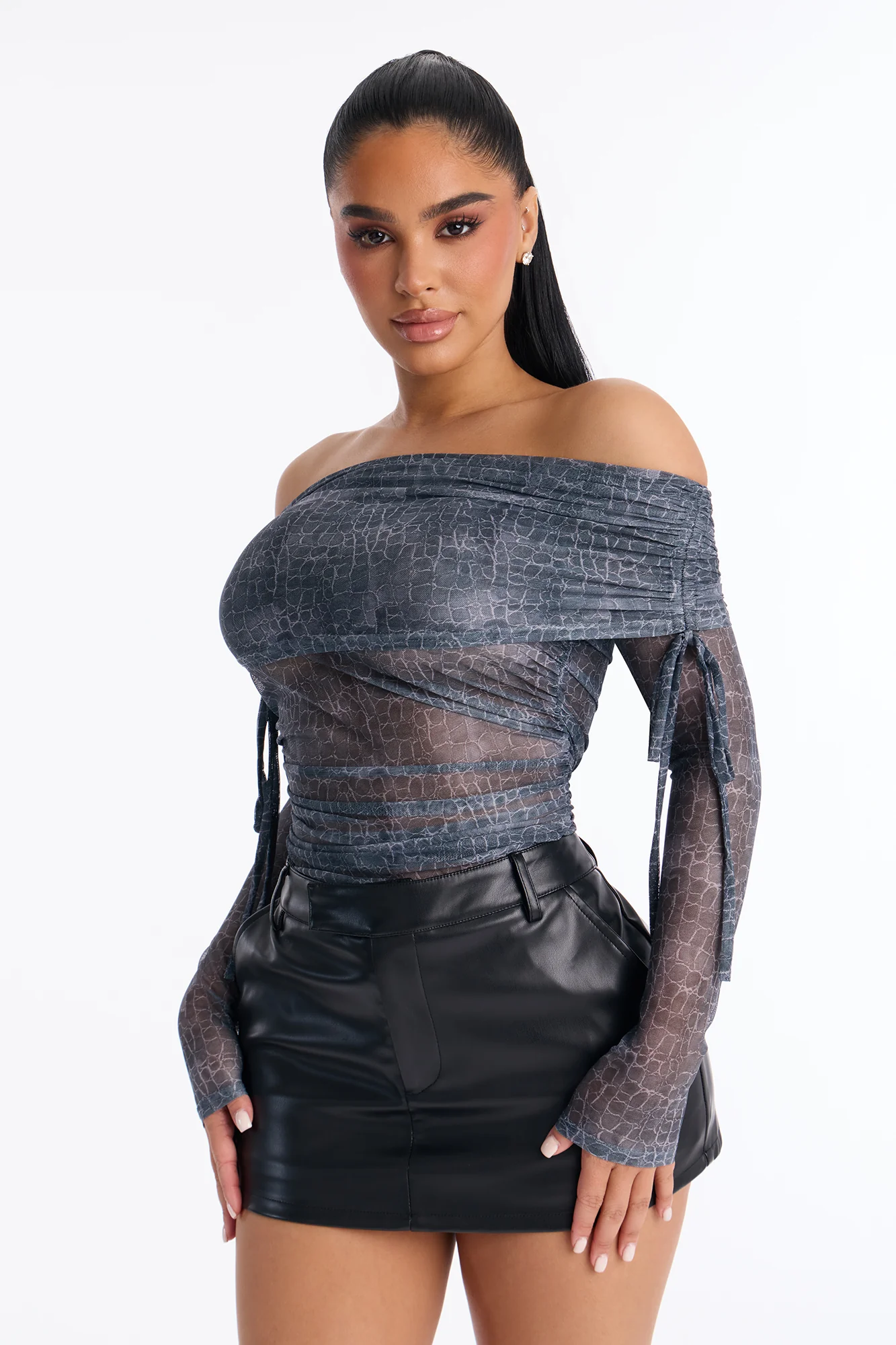 Poison Kiss Mesh Long Sleeve Ruched Bodysuit - Charcoal/combo - Image 3