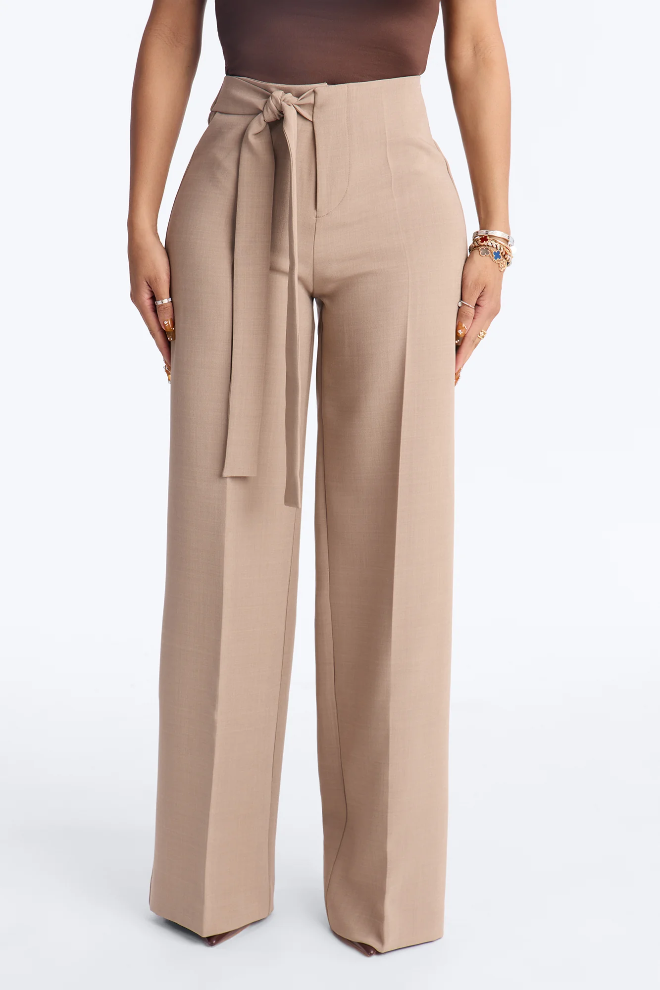 Polished Perfection Crepe Tie Waist Trouser 33″ - Stone - Image 2
