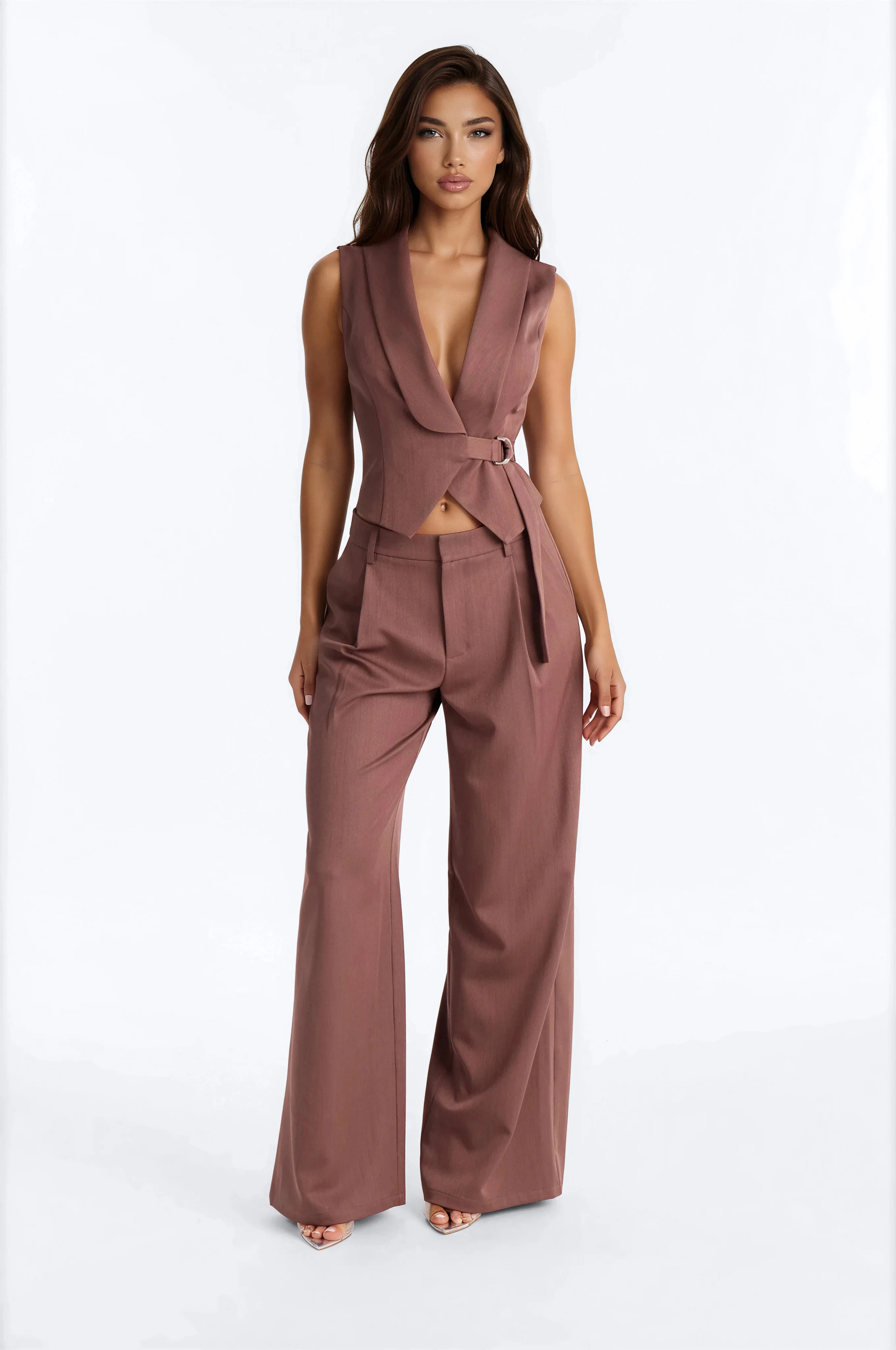 Polished Presence Vest Pant Set - Brown