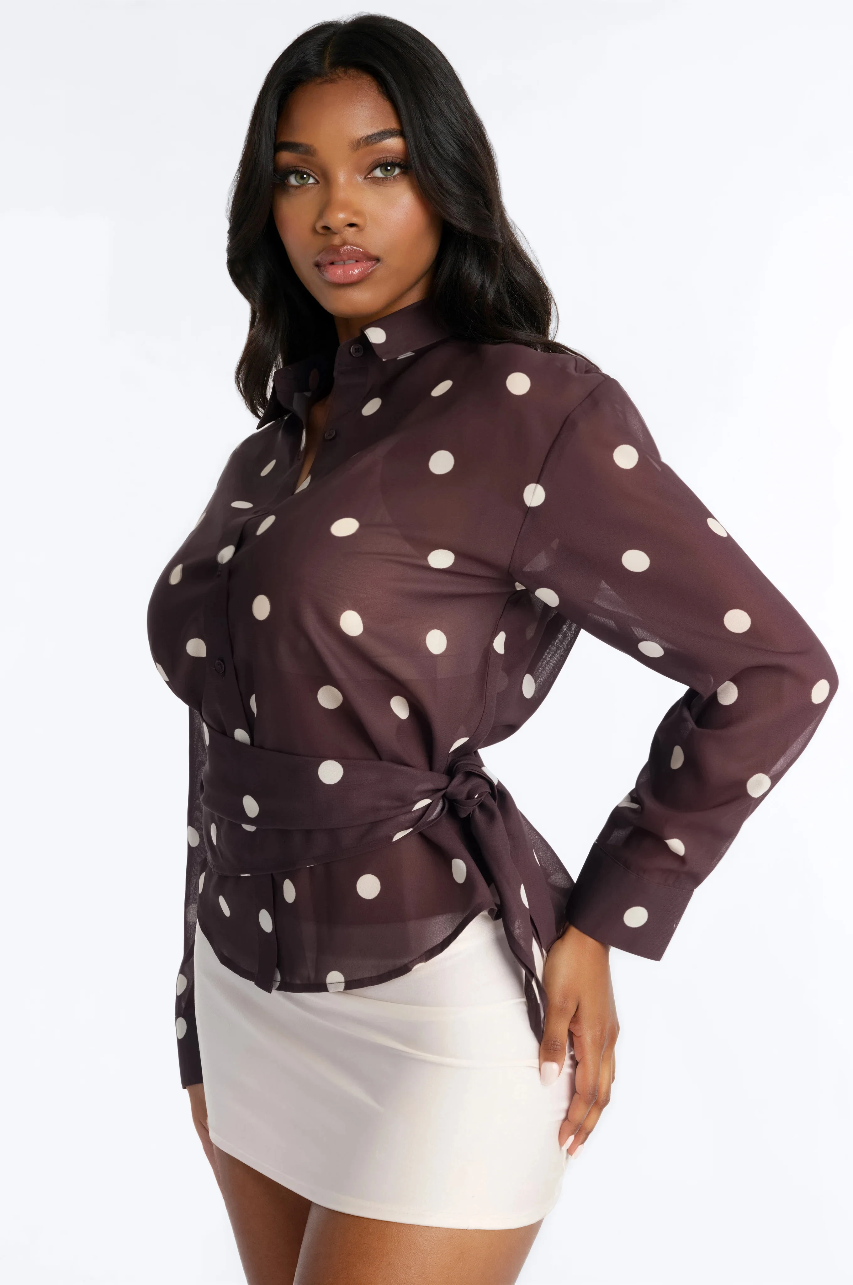 Polka Dot Obsession Wrap Over Chiffon Shirt - Brown/combo