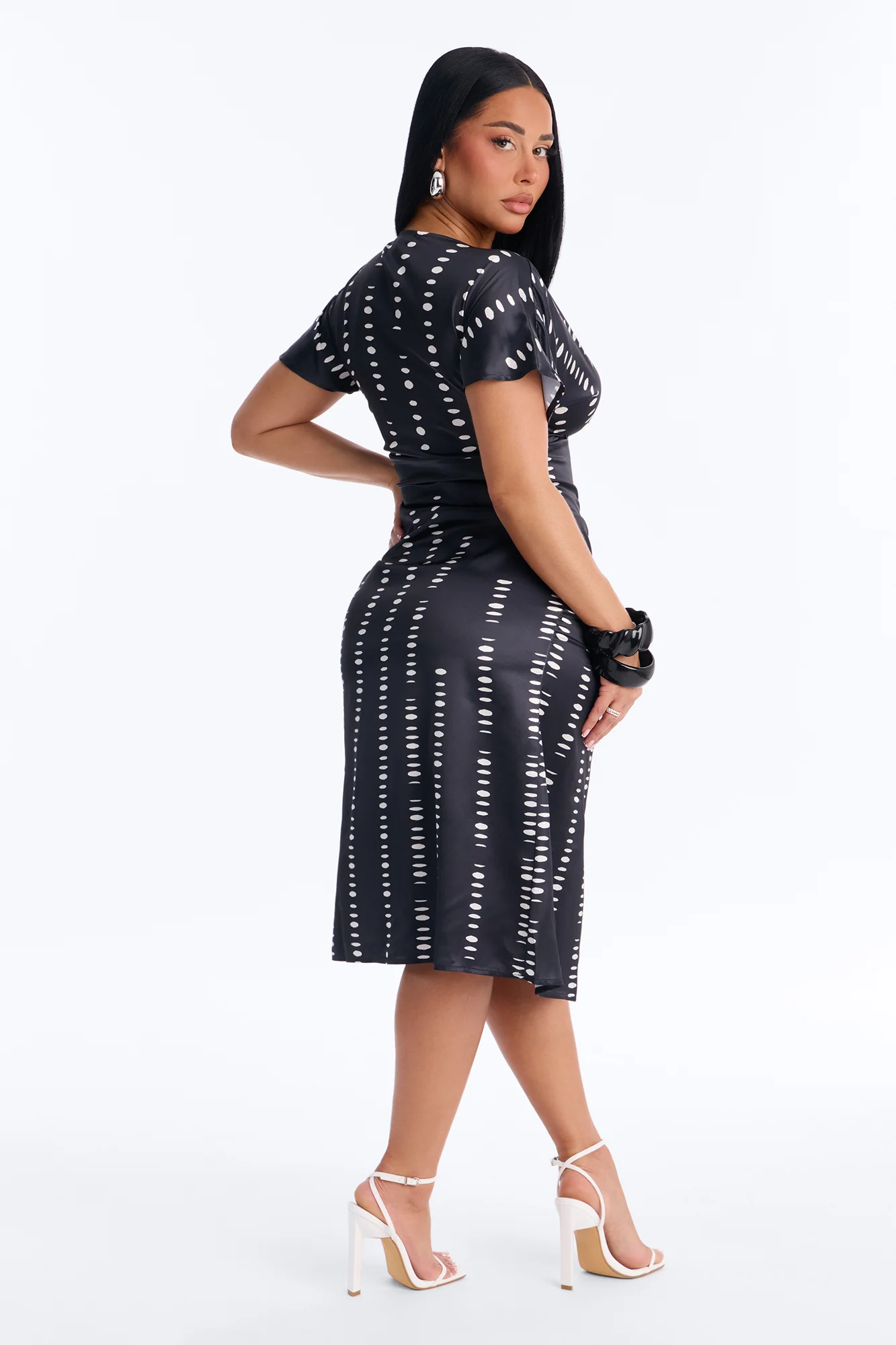 Polly Dot Satin Midi Dress - Black/White - Image 4