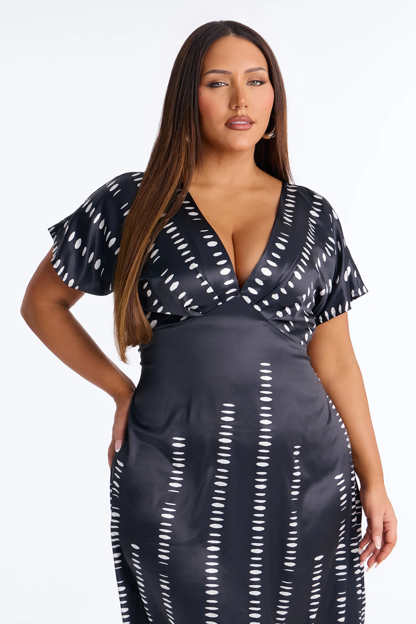 Polly Dot Satin Midi Dress - Black/White - Image 6