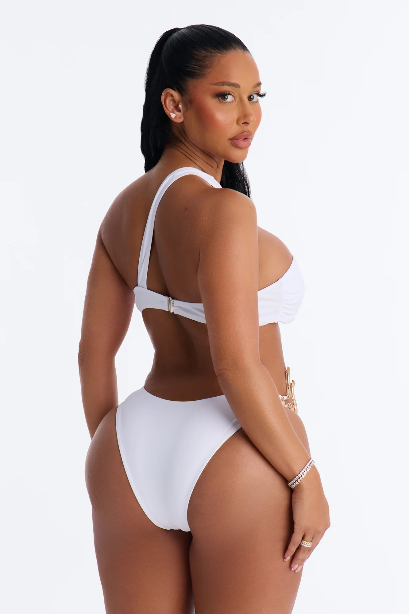 Poolside Sun Hardware Asymmetrical Cutout 1 Piece Monokini - White - Image 3
