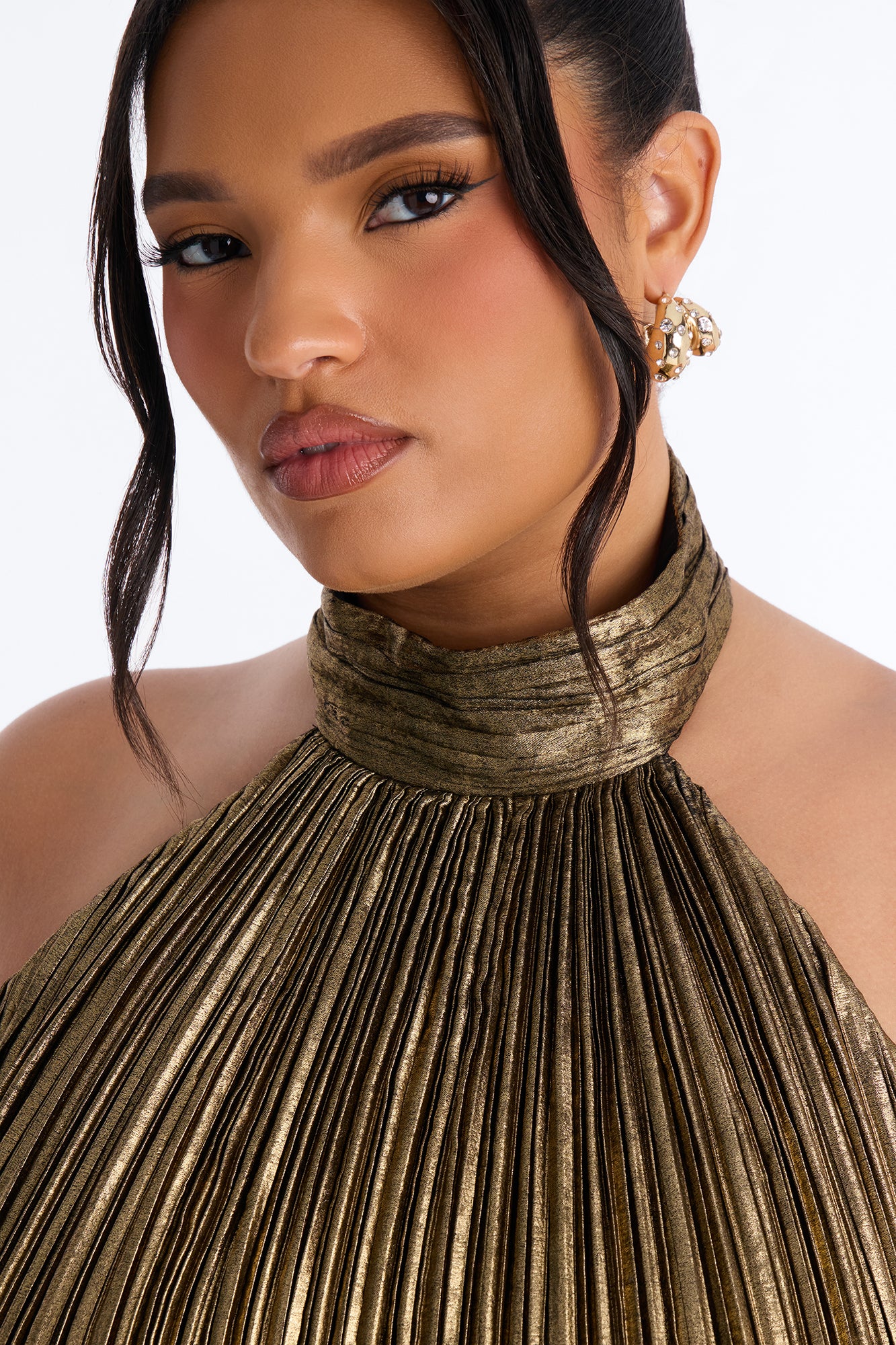 Pop Off Pleated Metallic Mini Dress - Bronze - Image 6