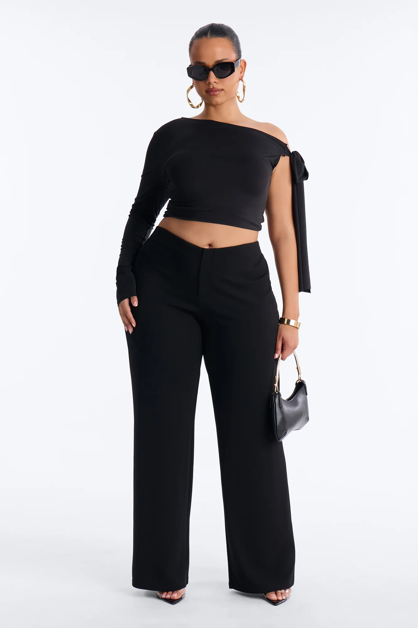 Poppy Crepe Knit Low Rise Wide Leg Trouser Pant 33″ - Black - Image 4